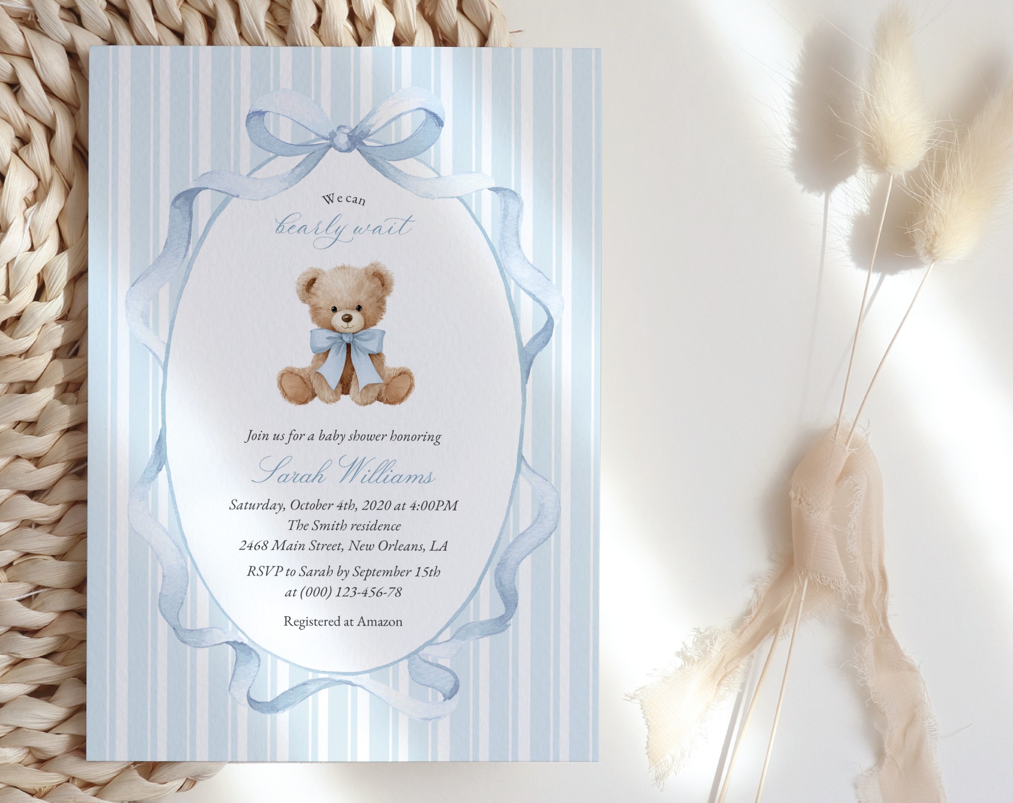 Bear and Blue Stripes Baby Shower Invitation, Boy Baby Shower, Printable File, Edit Yourself, SH229 Bear and Blue Stripes Baby Shower Invitation, Boy Baby Shower, Printable File, Edit Yourself, SH229
