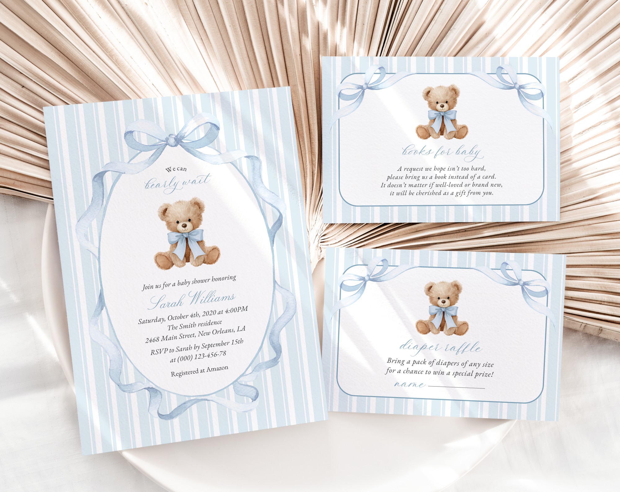 Bear and Blue Stripes Baby Shower Invitation Suite, Boy Baby Shower, Printable File, Edit Yourself, SH229