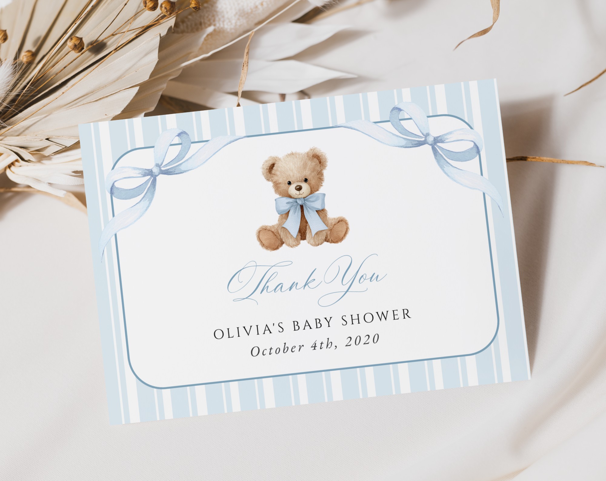Bear and Blue Stripes Thank You Card, Boy Baby Shower, Printable File, Edit Yourself, SH229