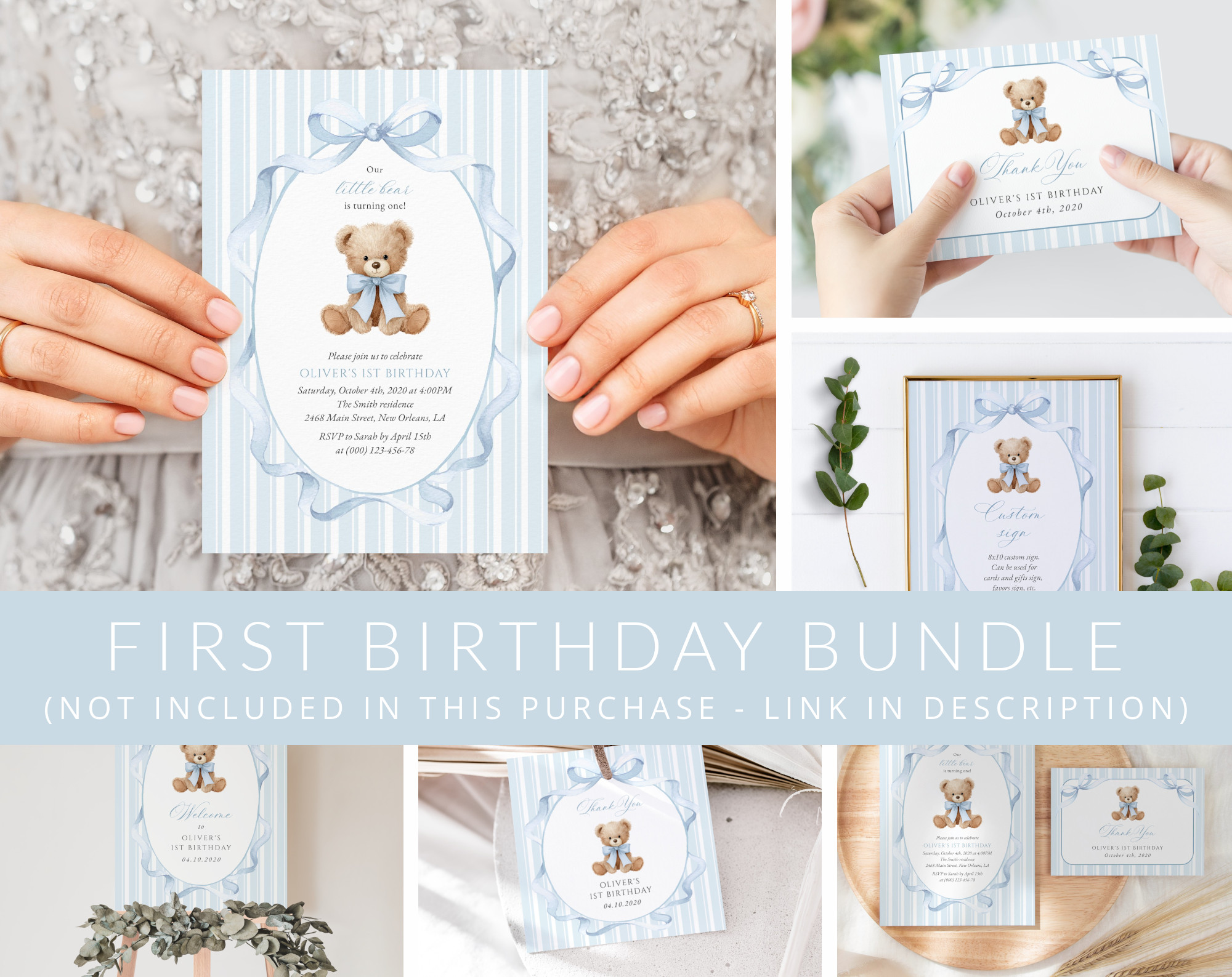 Bear and Blue Stripes First Birthday Mini Bundle, Boy Birthday, Printable File, Edit Yourself, SH230