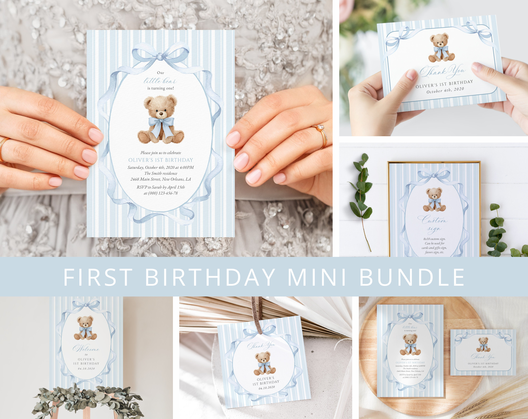 Bear and Blue Stripes First Birthday Mini Bundle, Boy Birthday, Printable File, Edit Yourself, SH230