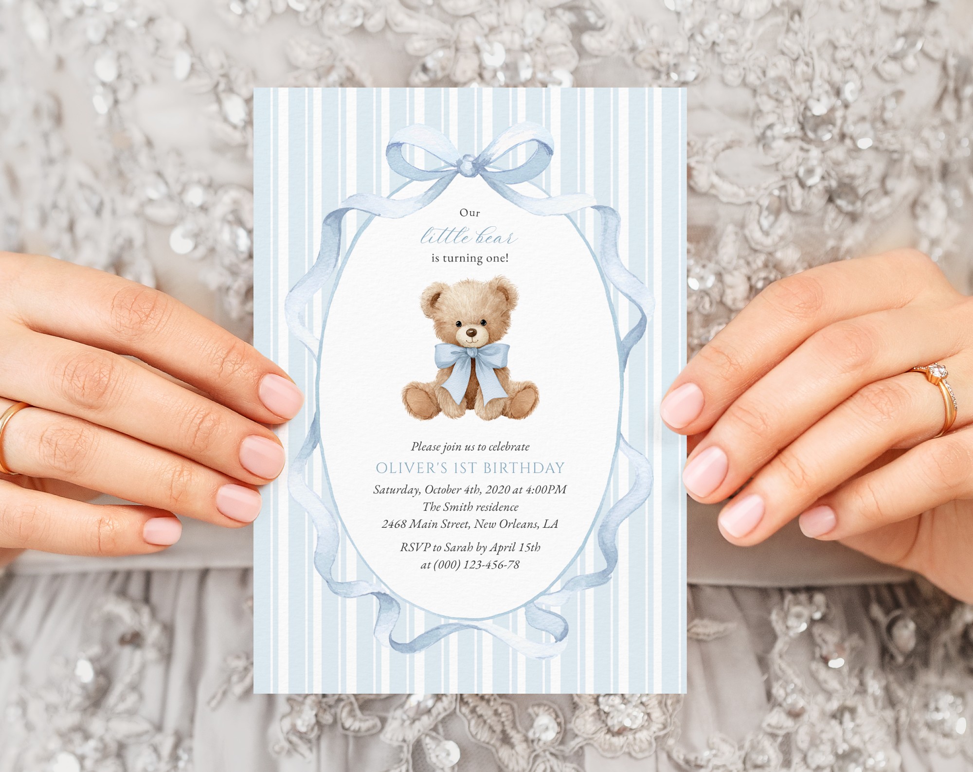 Bear and Blue Stripes First Birthday Invitation, Birthday Stationery, Boy Birthday, Printable File, Edit Yourself, SH230