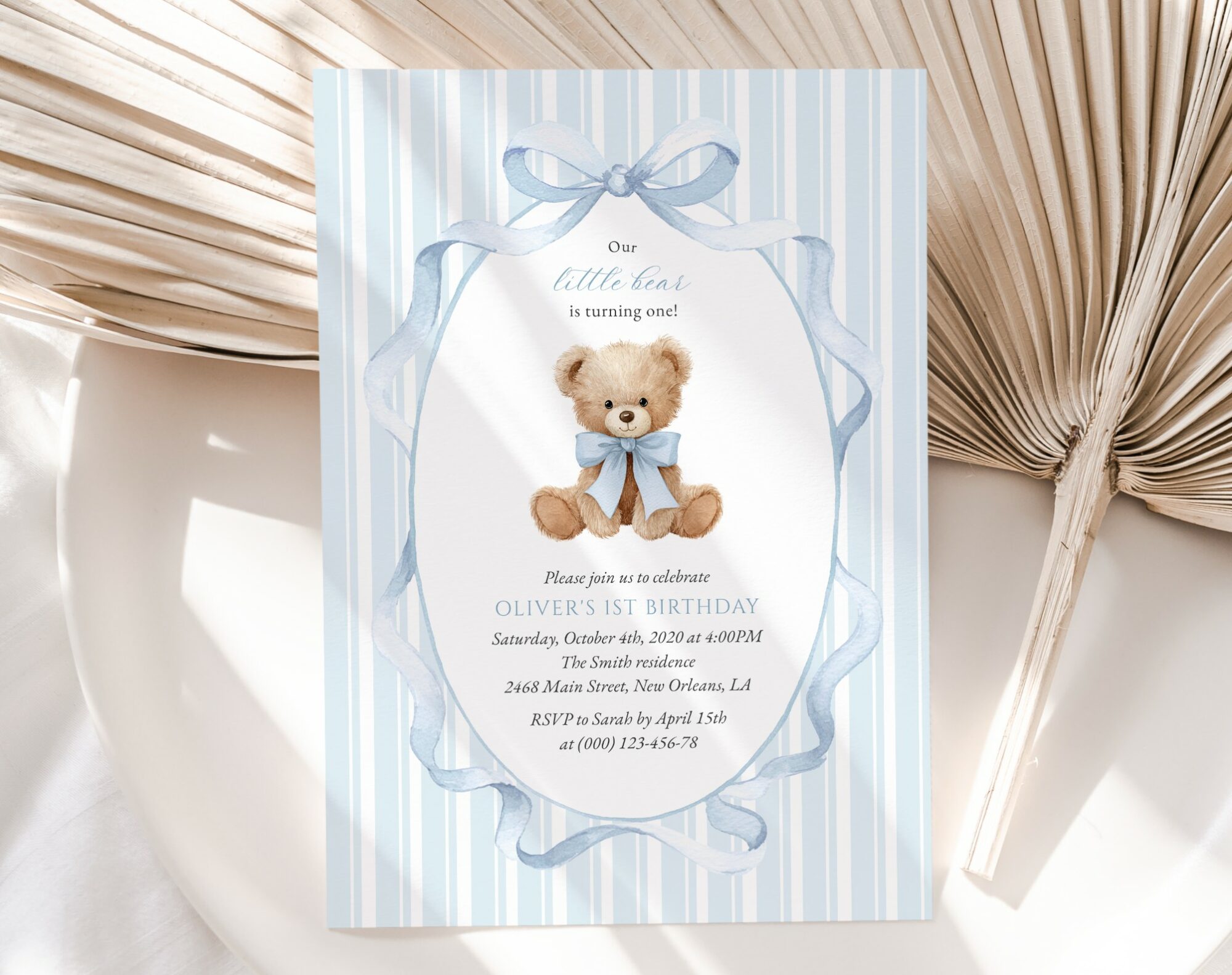 Bear and Blue Stripes First Birthday Invitation, Birthday Stationery, Boy Birthday, Printable File, Edit Yourself, SH230 Bear and Blue Stripes First Birthday Invitation, Birthday Stationery, Boy Birthday, Printable File, Edit Yourself, SH230
