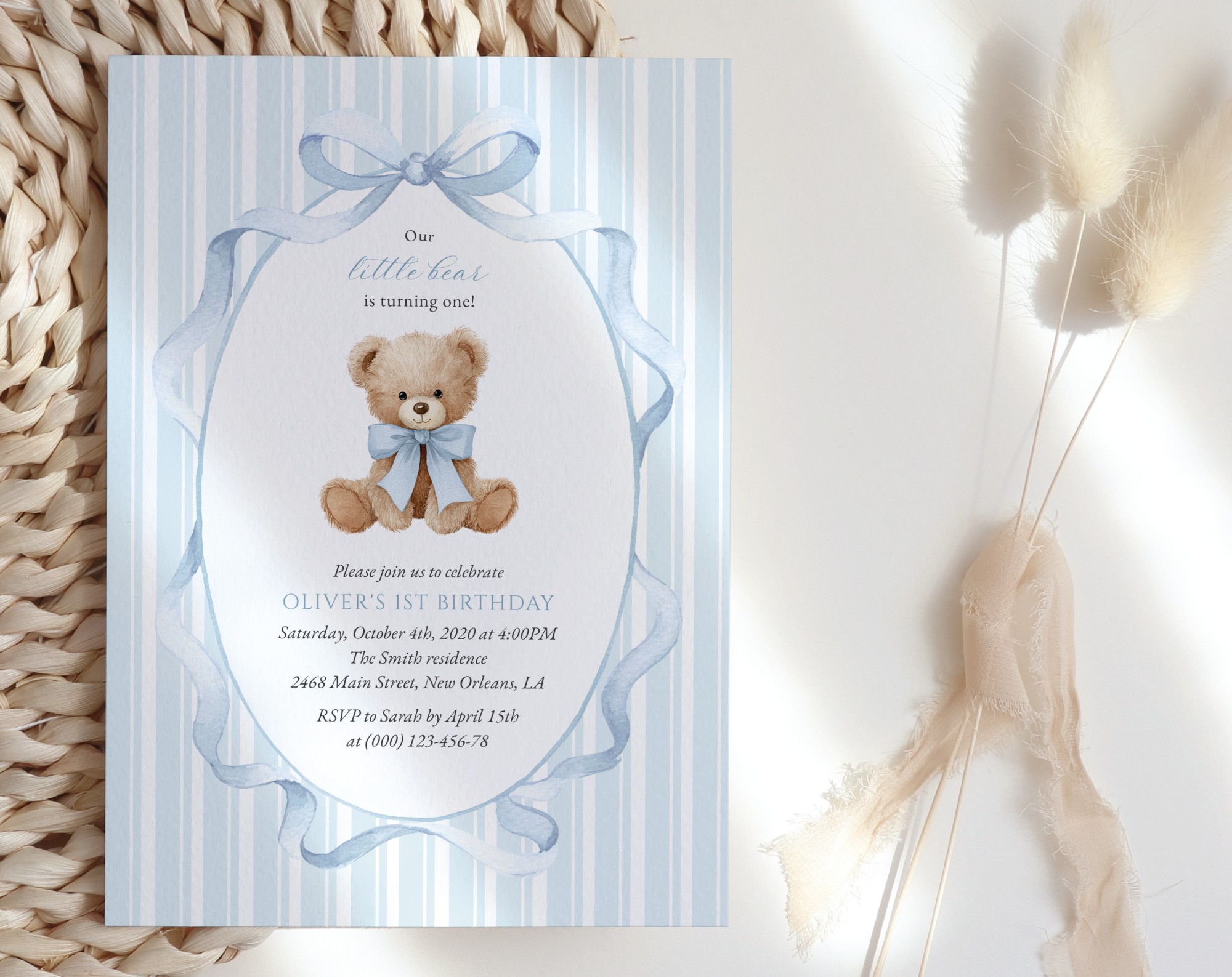 Bear and Blue Stripes First Birthday Invitation, Birthday Stationery, Boy Birthday, Printable File, Edit Yourself, SH230 Bear and Blue Stripes First Birthday Invitation, Birthday Stationery, Boy Birthday, Printable File, Edit Yourself, SH230