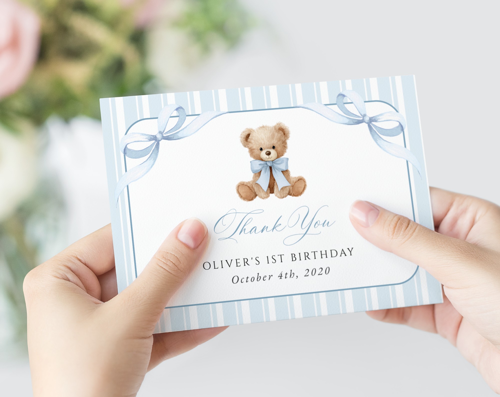 Bear and Blue Stripes Thank You Card, First Birthday, Boy Birthday, Printable File, Edit Yourself, SH230