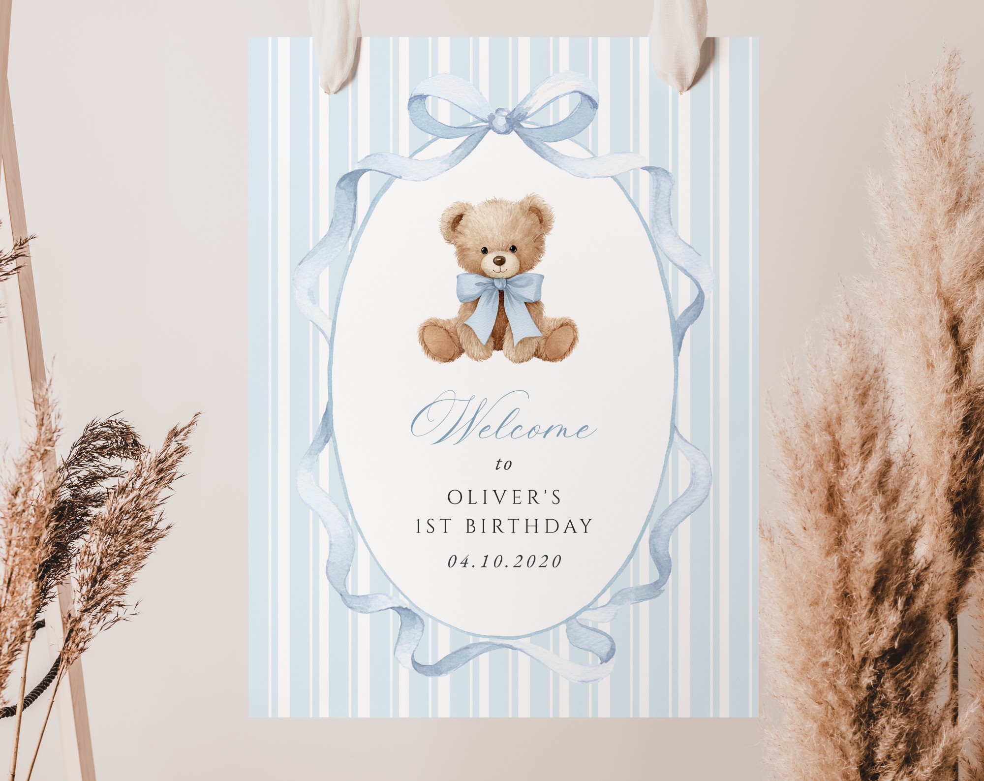 Bear and Blue Stripes Welcome Sign, First Birthday, Boy Birthday, Printable File, Edit Yourself, SH230