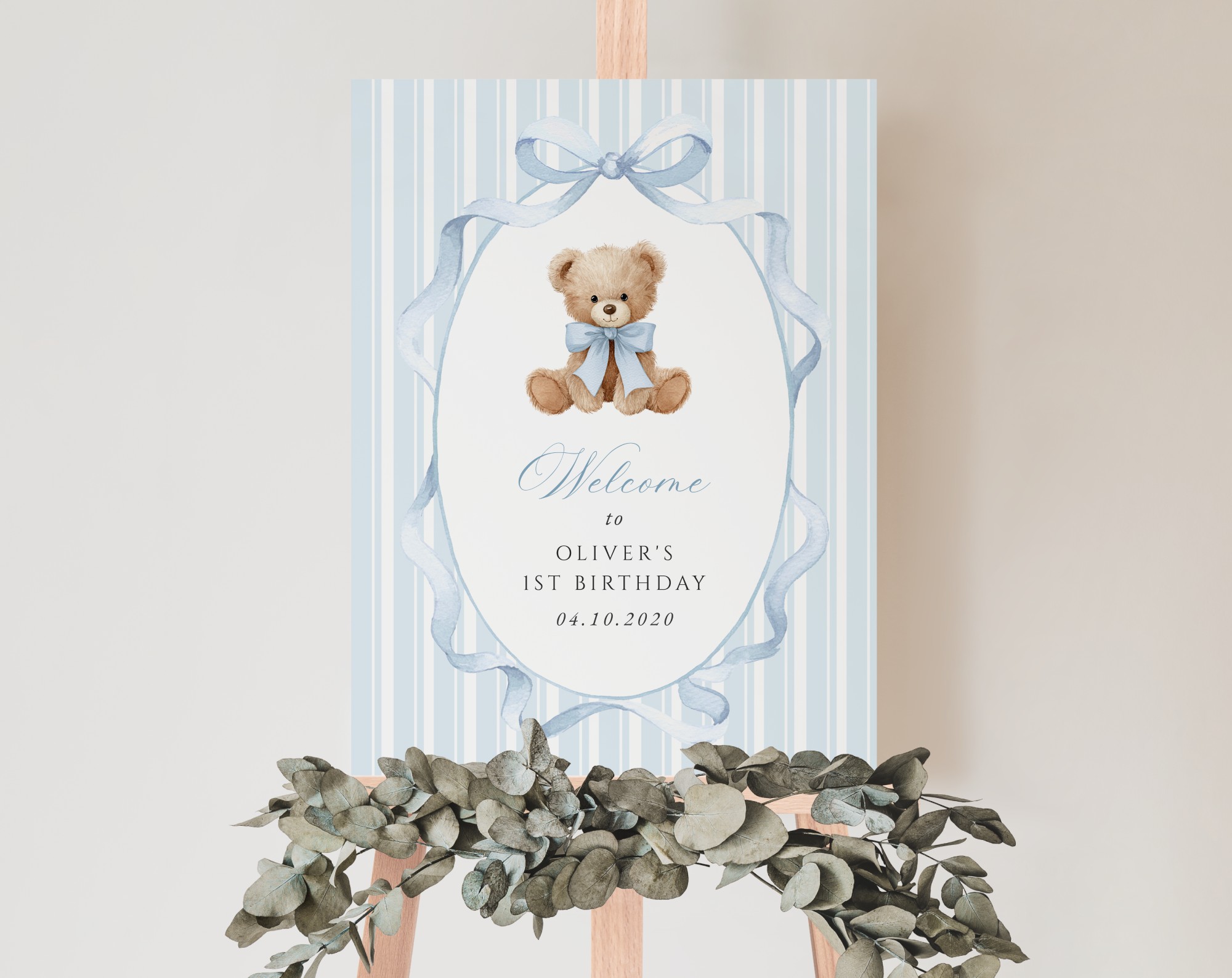 Bear and Blue Stripes Welcome Sign, First Birthday, Boy Birthday, Printable File, Edit Yourself, SH230