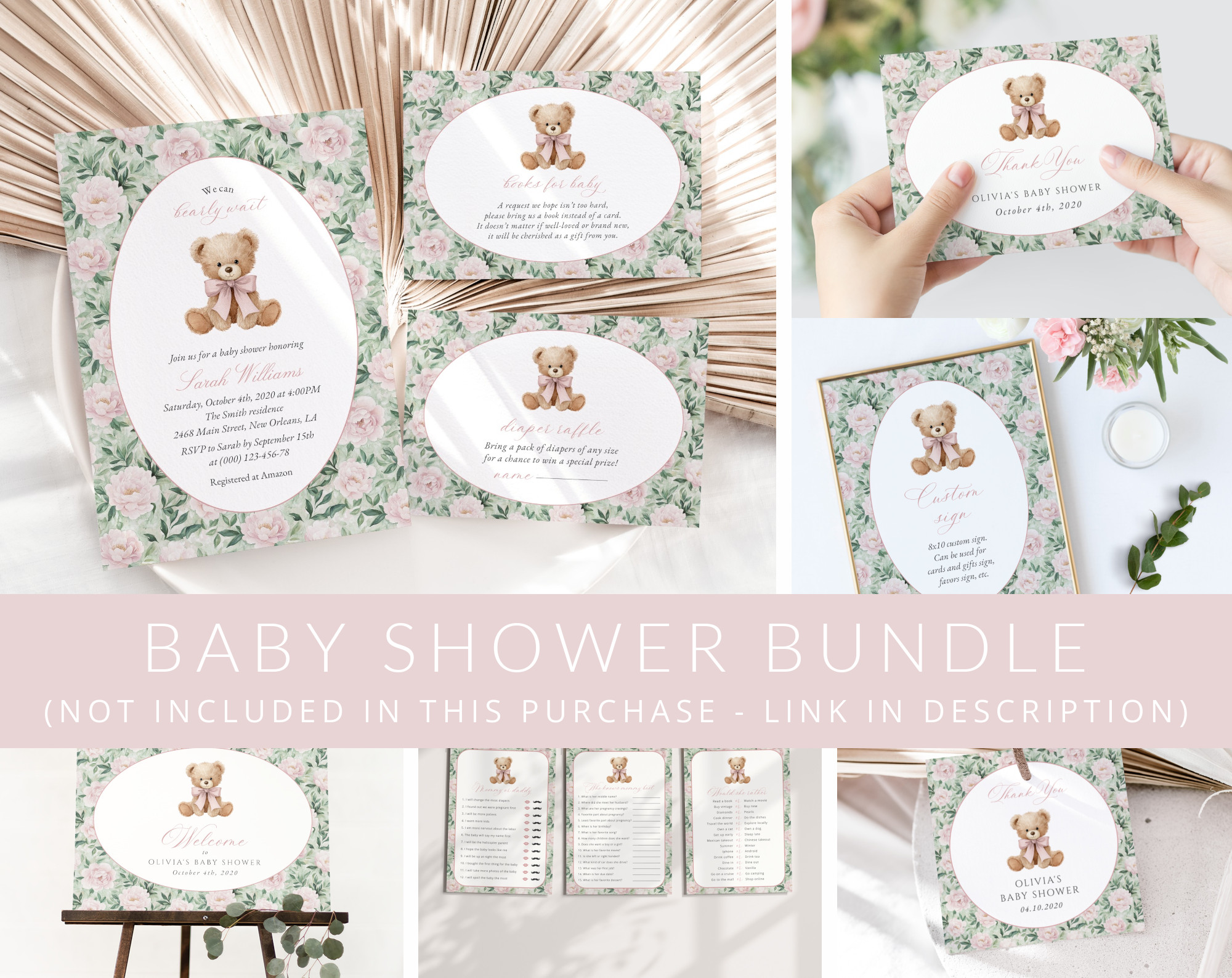 Teddy Bear and Pink Flowers Baby Shower Mini Bundle, Girl Baby Shower, Printable File, Edit Yourself, SH231