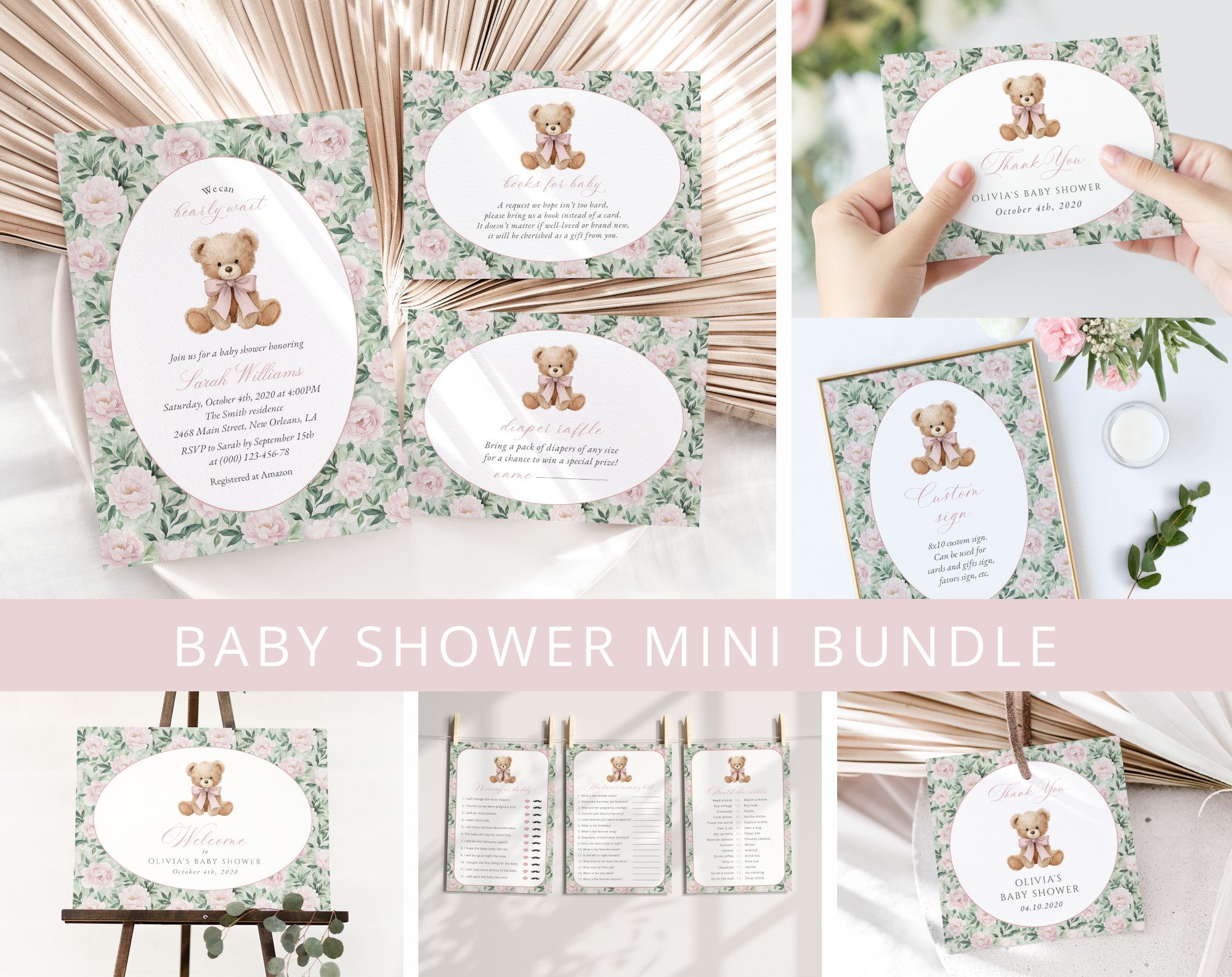 Teddy Bear and Pink Flowers Baby Shower Mini Bundle, Girl Baby Shower, Printable File, Edit Yourself, SH231