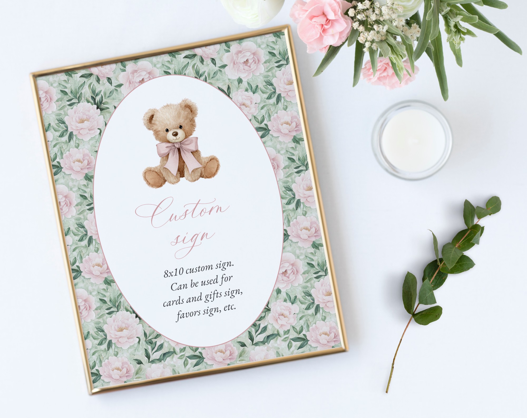 Teddy Bear and Pink Flowers Custom Sign, Printable File, Edit Yourself, SH231 SH232