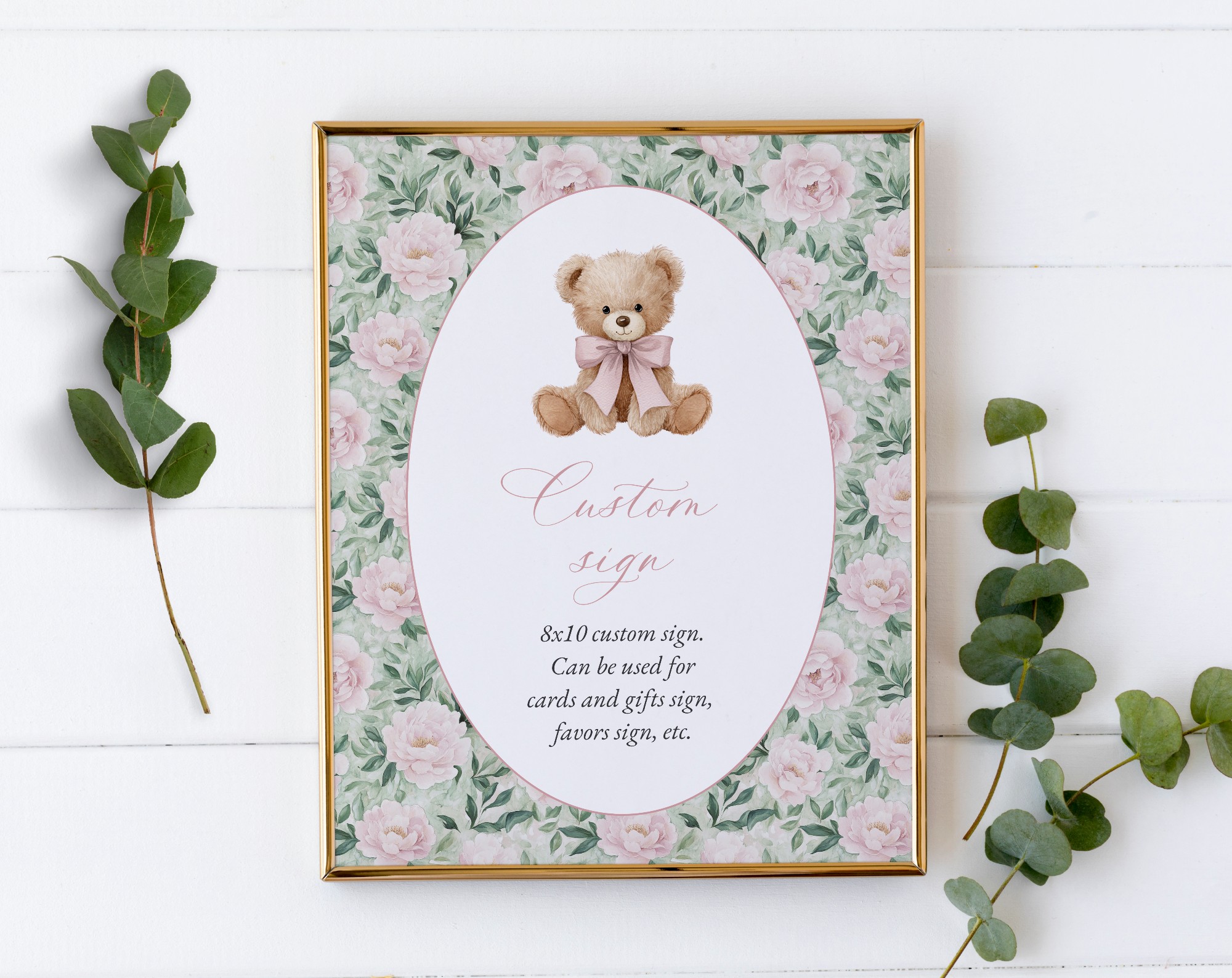 Teddy Bear and Pink Flowers Custom Sign, Printable File, Edit Yourself, SH231 SH232