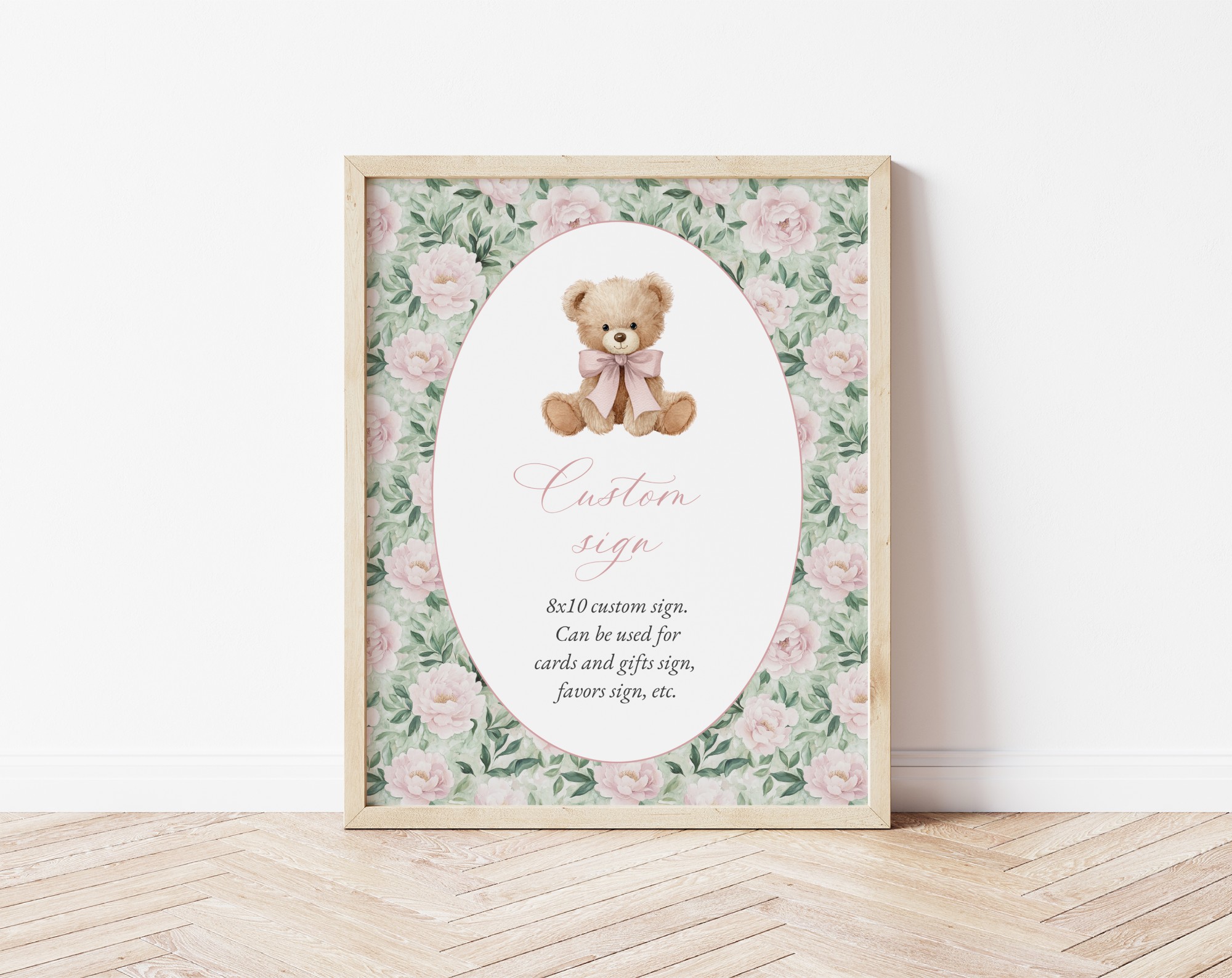 Teddy Bear and Pink Flowers Custom Sign, Printable File, Edit Yourself, SH231 SH232
