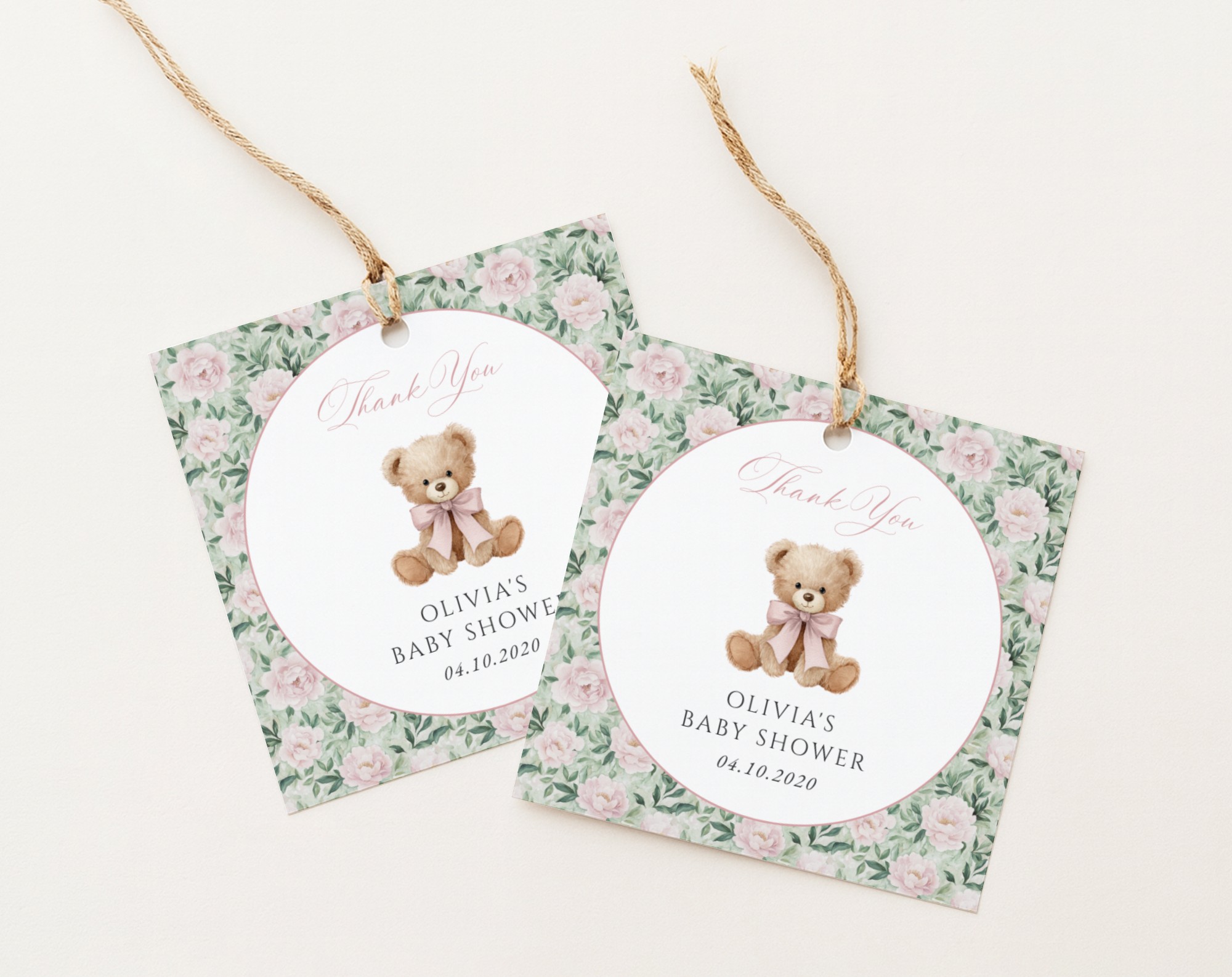Teddy Bear and Pink Flowers Favor Tags, Gift Tags, Girl Baby Shower, Printable File, Edit Yourself, SH231