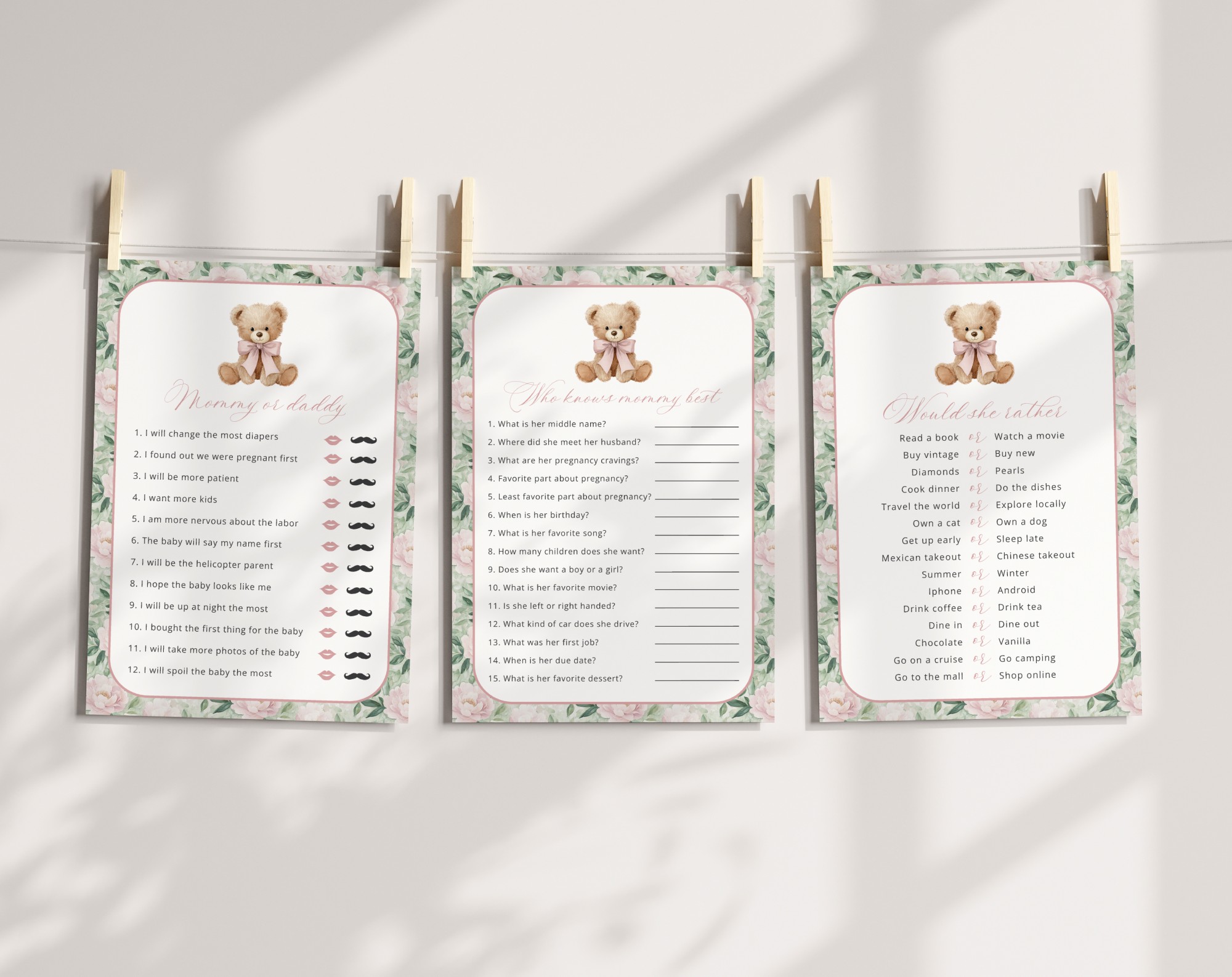 Teddy Bear and Pink Flowers Baby Shower Games, Set of 3 Games, Girl Baby Shower, Printable File, Edit Yourself, SH231