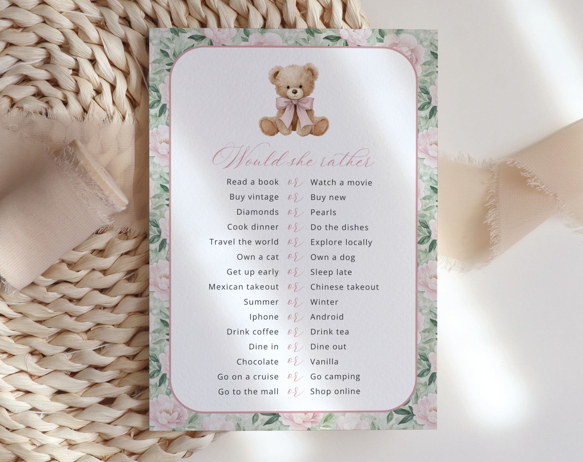 Teddy Bear and Pink Flowers Baby Shower Games, Set of 3 Games, Girl Baby Shower, Printable File, Edit Yourself, SH231 Teddy Bear and Pink Flowers Baby Shower Games, Set of 3 Games, Girl Baby Shower, Printable File, Edit Yourself, SH231