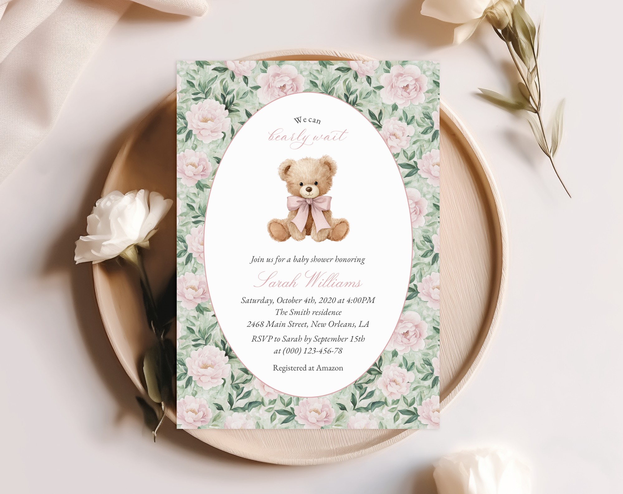 Teddy Bear and Pink Flowers Baby Shower Invitation, Girl Baby Shower, Printable File, Edit Yourself, SH231