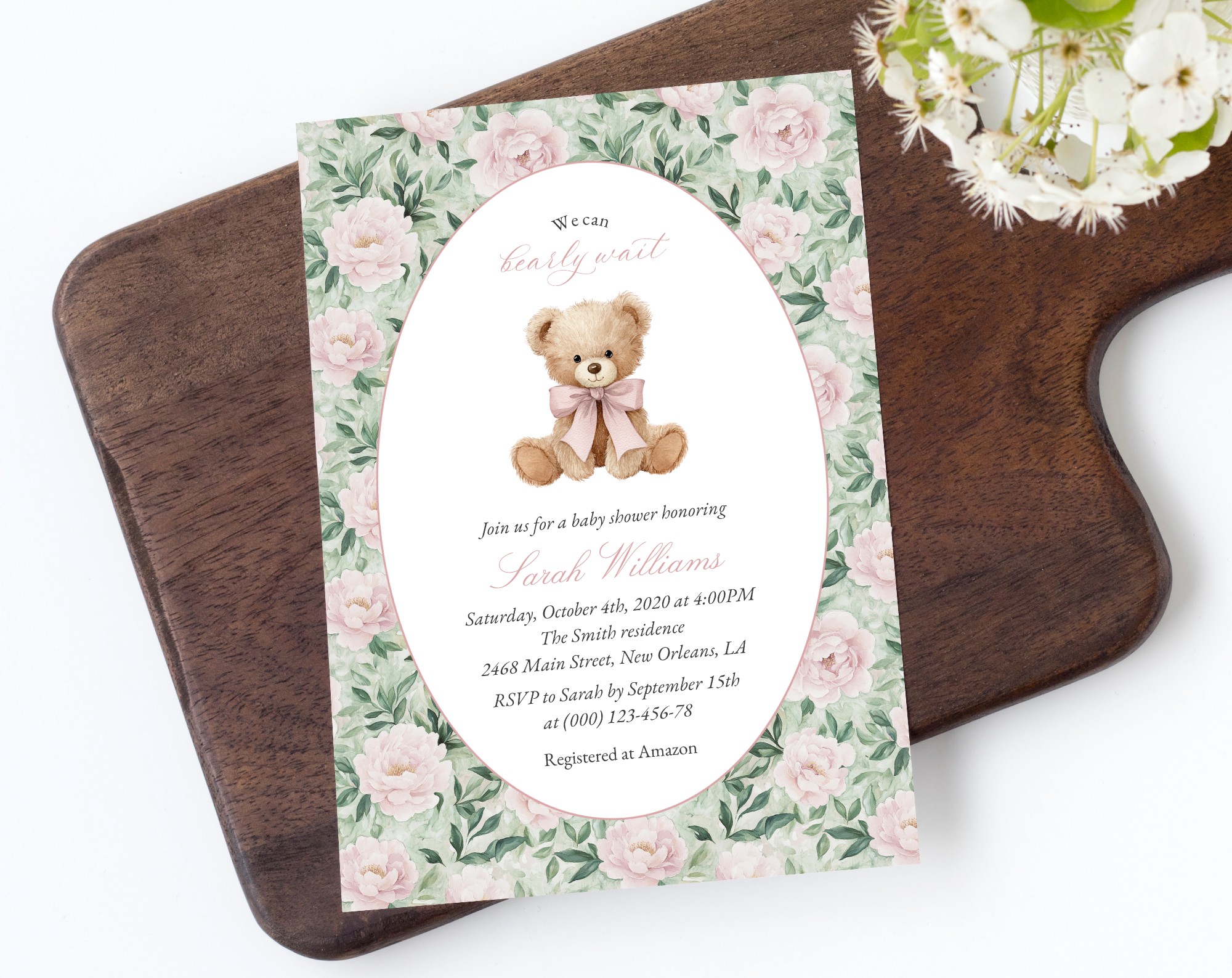 Teddy Bear and Pink Flowers Baby Shower Invitation, Girl Baby Shower, Printable File, Edit Yourself, SH231