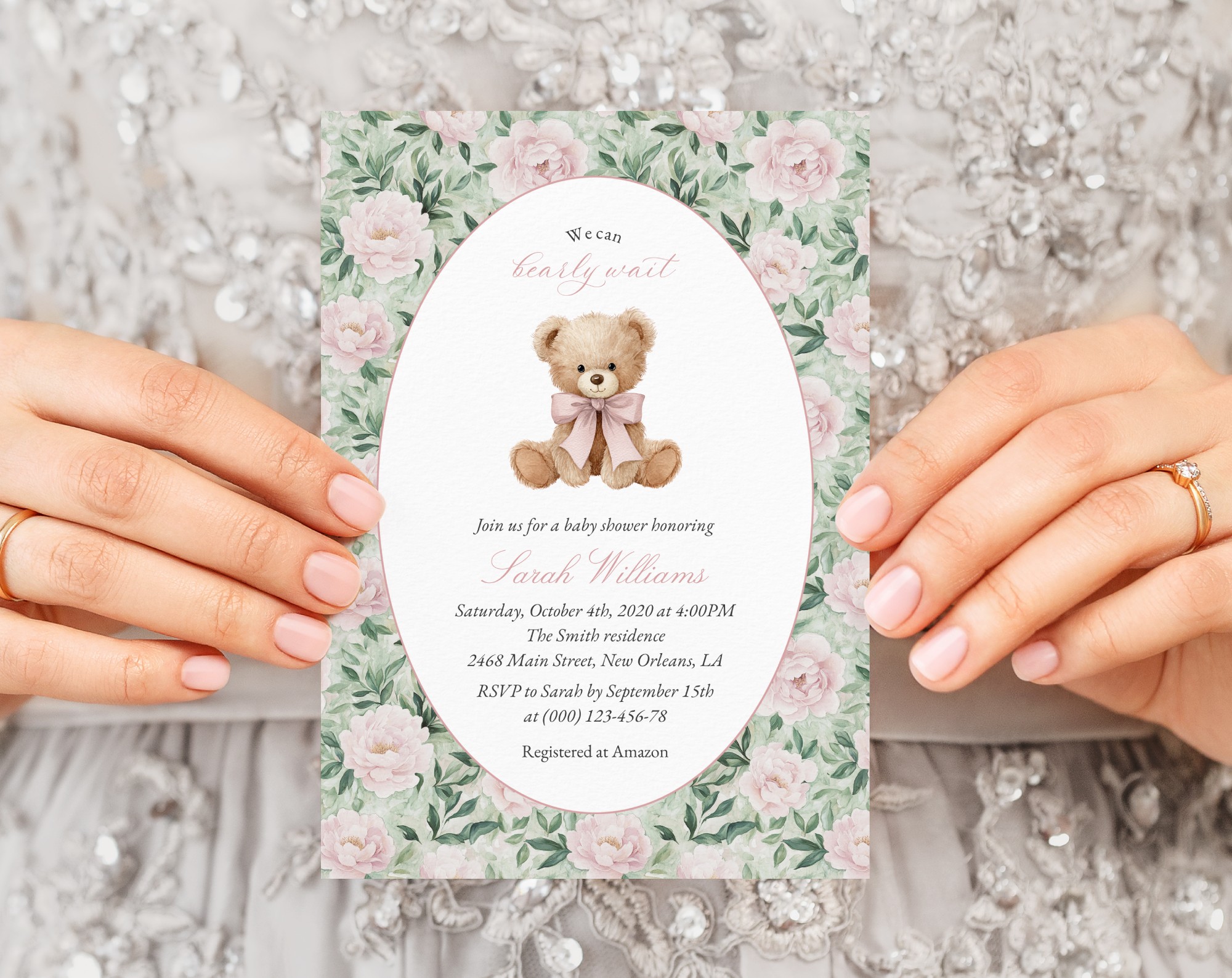 Teddy Bear and Pink Flowers Baby Shower Invitation, Girl Baby Shower, Printable File, Edit Yourself, SH231