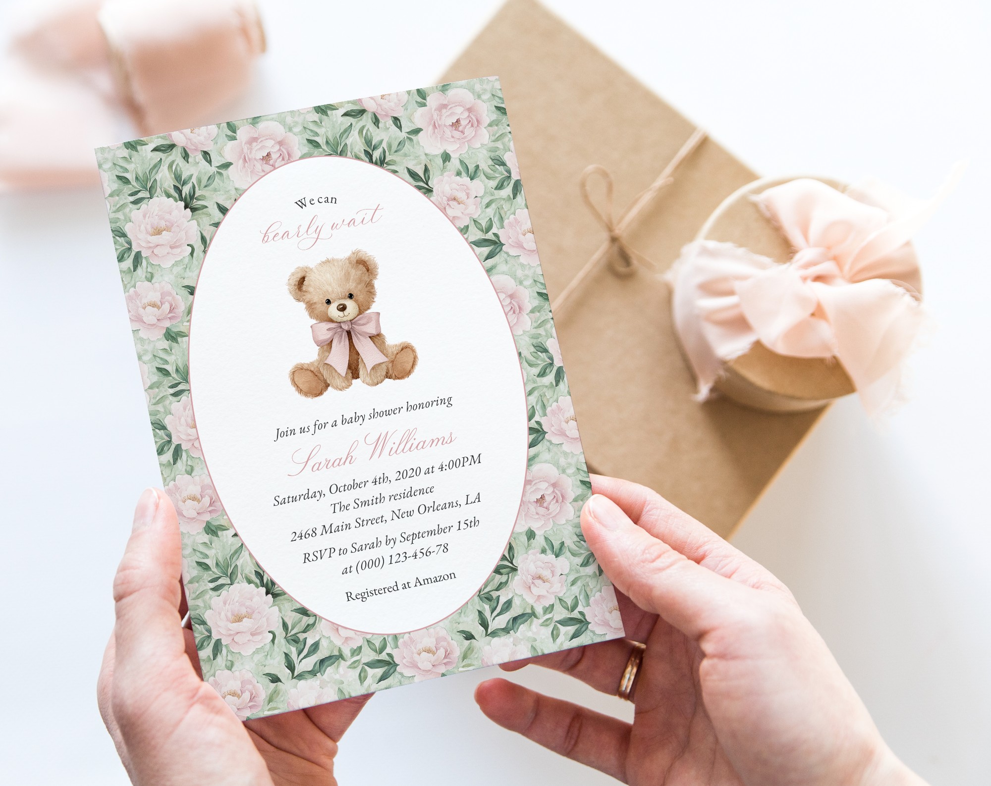 Teddy Bear and Pink Flowers Baby Shower Invitation, Girl Baby Shower, Printable File, Edit Yourself, SH231