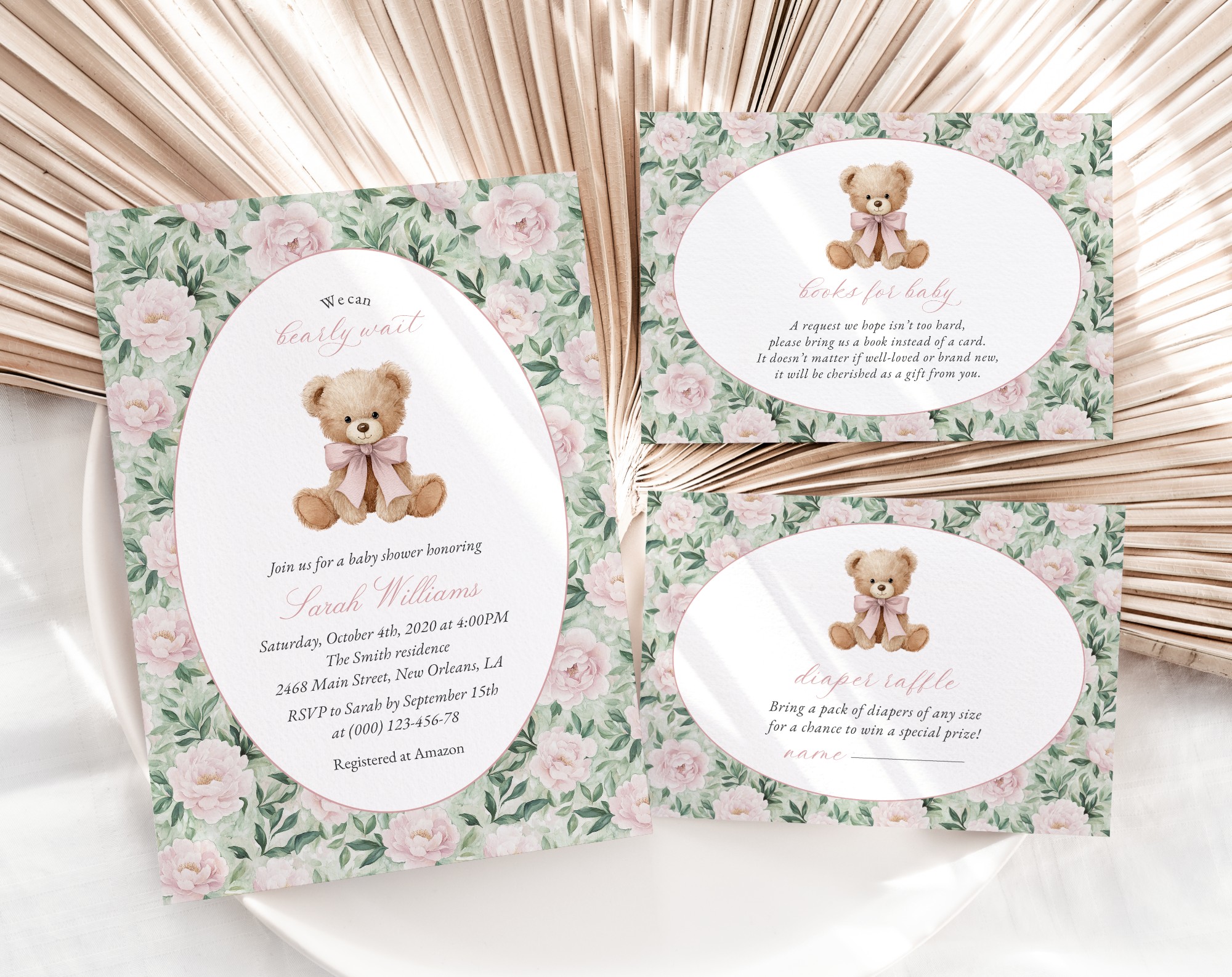Teddy Bear and Pink Flowers Baby Shower Invitation Suite, Girl Baby Shower, Printable File, Edit Yourself, SH231