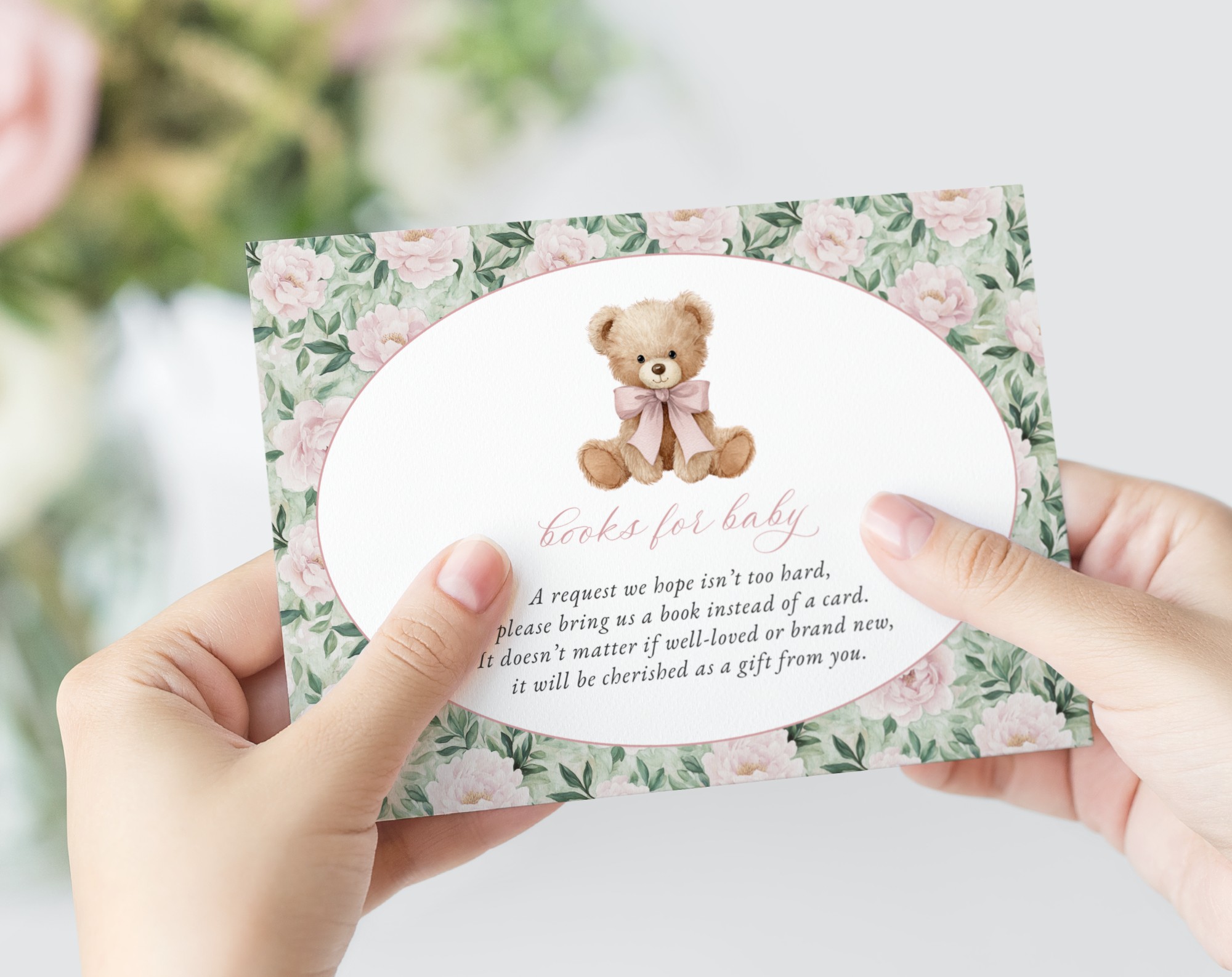Teddy Bear and Pink Flowers Baby Shower Invitation Suite, Girl Baby Shower, Printable File, Edit Yourself, SH231