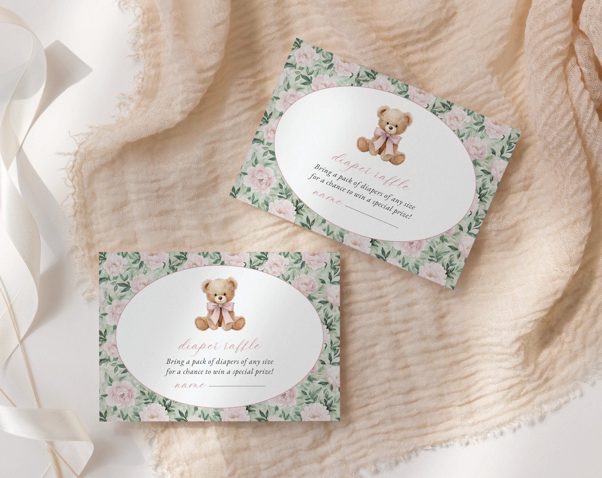 Teddy Bear and Pink Flowers Baby Shower Invitation Suite, Girl Baby Shower, Printable File, Edit Yourself, SH231