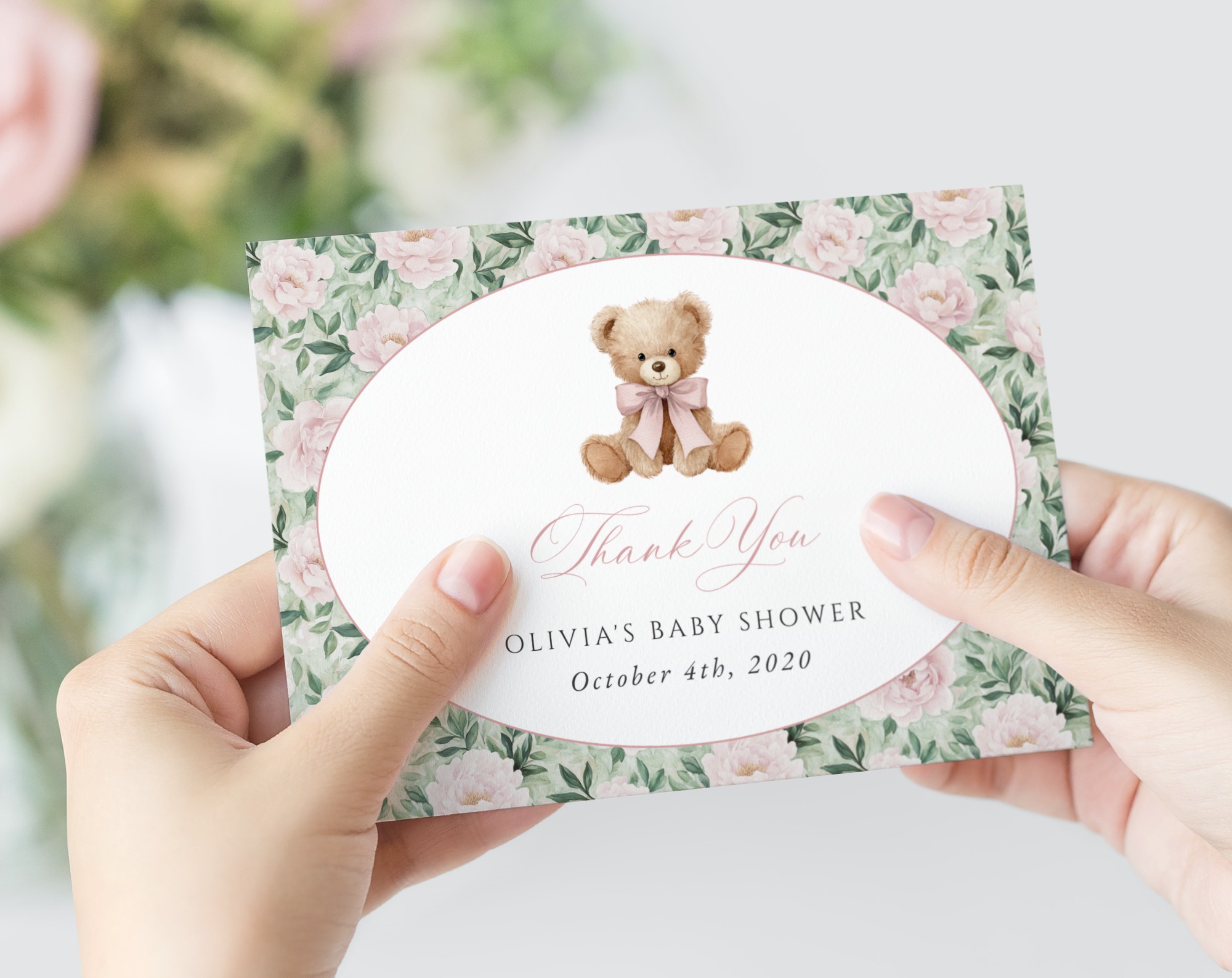 Teddy Bear and Pink Flowers Thank You Card, Girl Baby Shower, Printable File, Edit Yourself, SH231