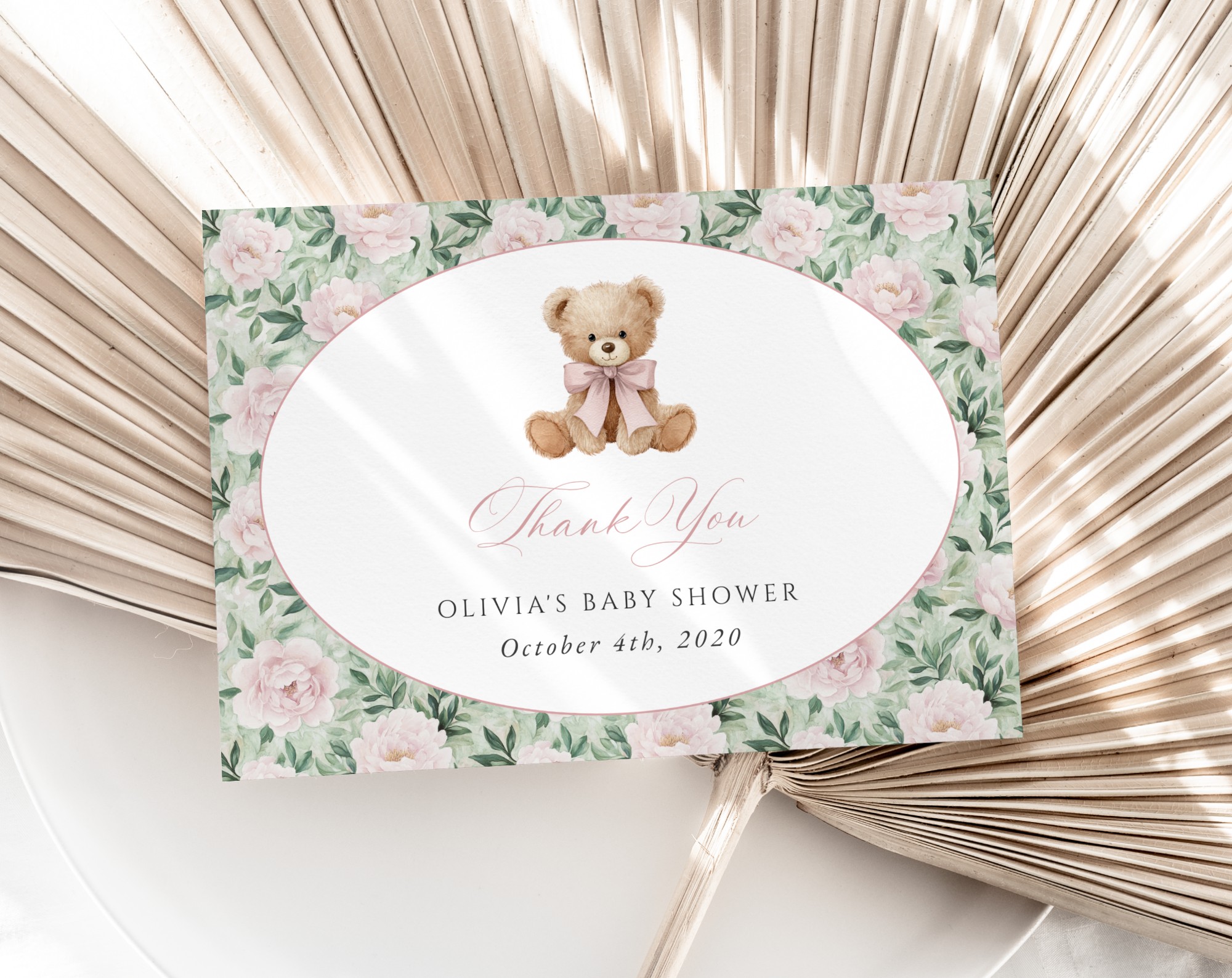 Teddy Bear and Pink Flowers Thank You Card, Girl Baby Shower, Printable File, Edit Yourself, SH231 Teddy Bear and Pink Flowers Thank You Card, Girl Baby Shower, Printable File, Edit Yourself, SH231