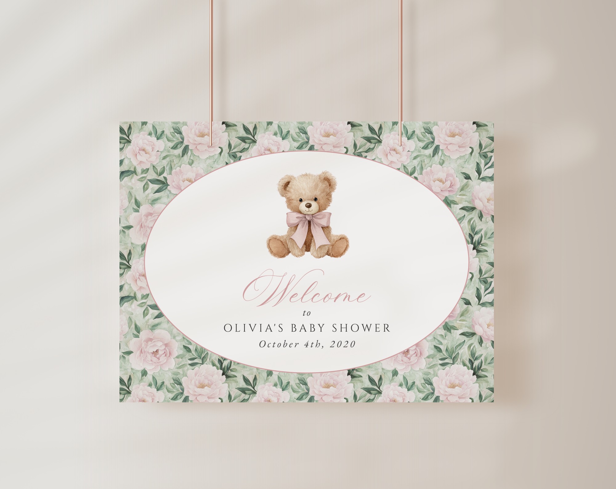 Teddy Bear and Pink Flowers Welcome Sign, Baby Shower Sign, Girl Baby Shower, Printable File, Edit Yourself, SH231 Teddy Bear and Pink Flowers Welcome Sign, Baby Shower Sign, Girl Baby Shower, Printable File, Edit Yourself, SH231
