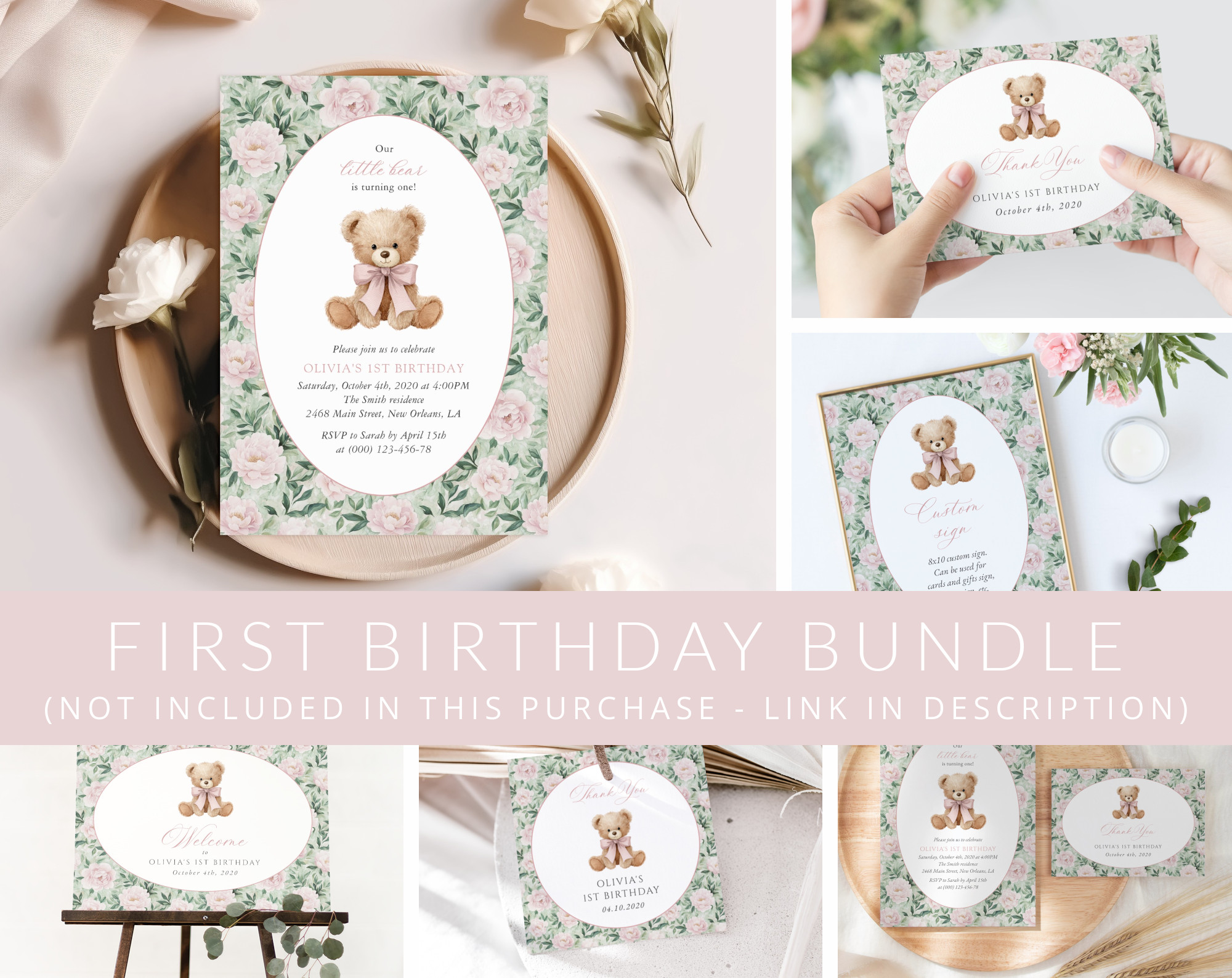 Teddy Bear and Pink Flowers First Birthday Mini Bundle, Girl Birthday, Printable File, Edit Yourself, SH232 Teddy Bear and Pink Flowers First Birthday Mini Bundle, Girl Birthday, Printable File, Edit Yourself, SH232