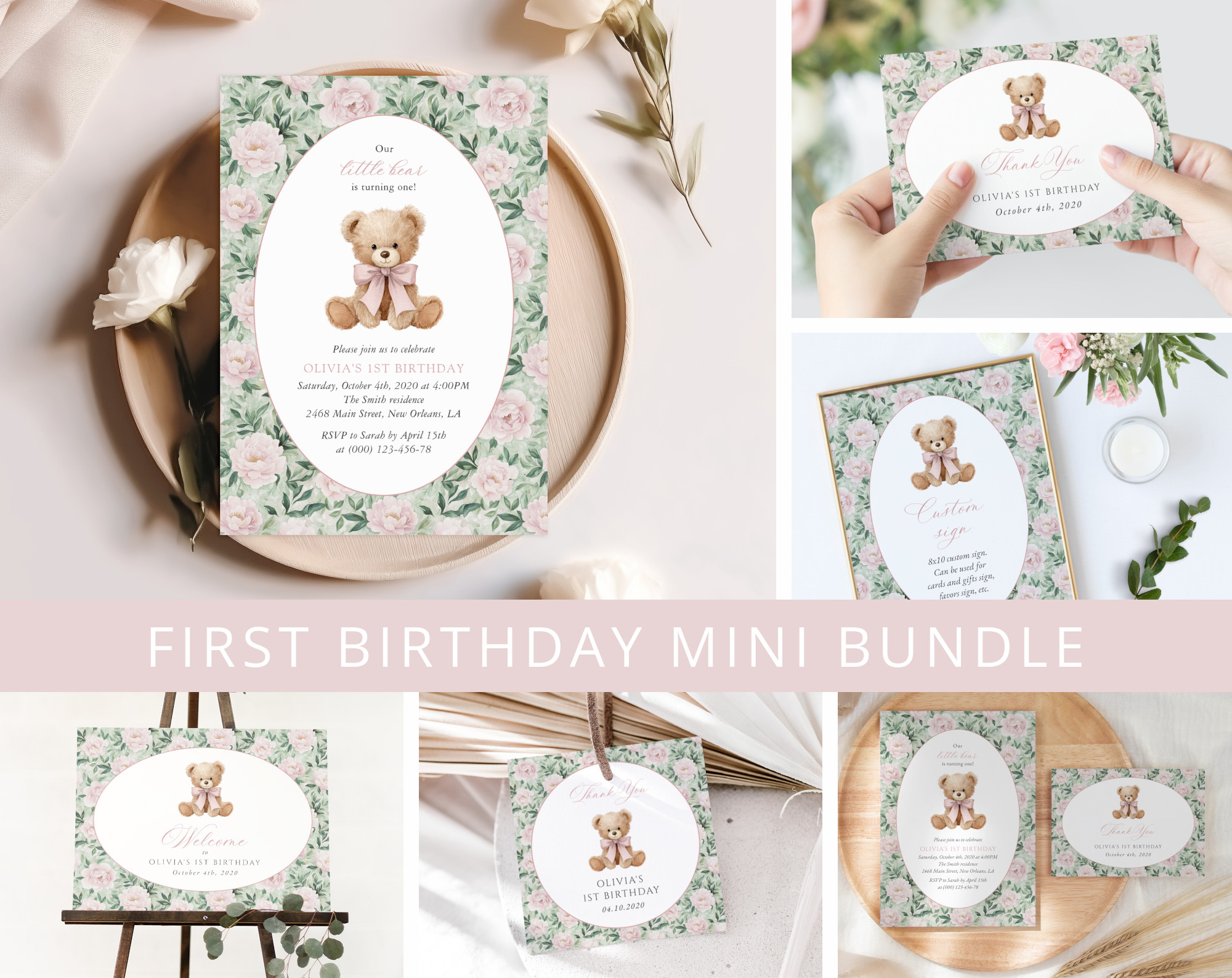 Teddy Bear and Pink Flowers First Birthday Mini Bundle, Girl Birthday, Printable File, Edit Yourself, SH232 Teddy Bear and Pink Flowers First Birthday Mini Bundle, Girl Birthday, Printable File, Edit Yourself, SH232