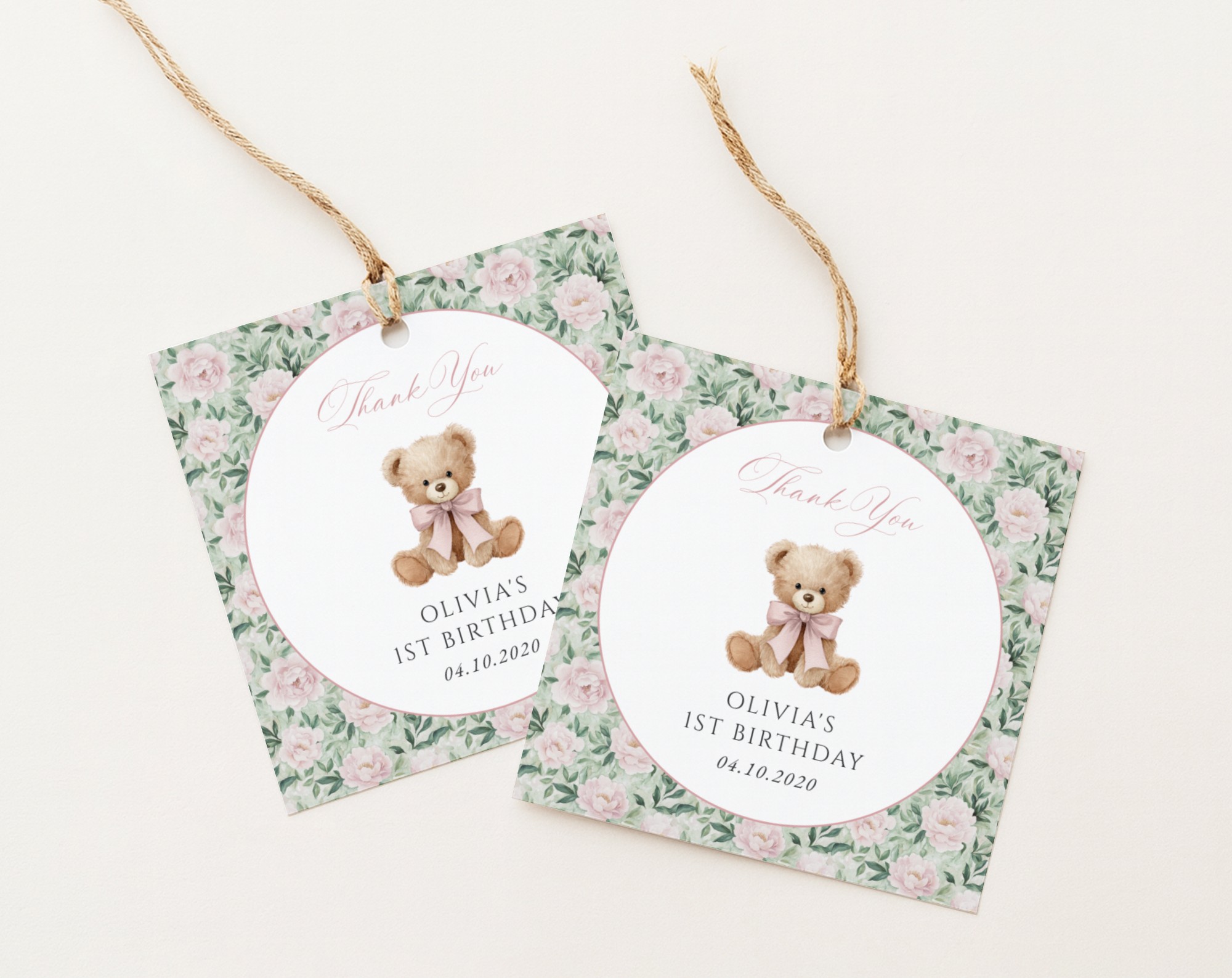 Teddy Bear and Pink Flowers Favor Tags, First Birthday, Girl Birthday, Printable File, Edit Yourself, SH232 Teddy Bear and Pink Flowers Favor Tags, First Birthday, Girl Birthday, Printable File, Edit Yourself, SH232