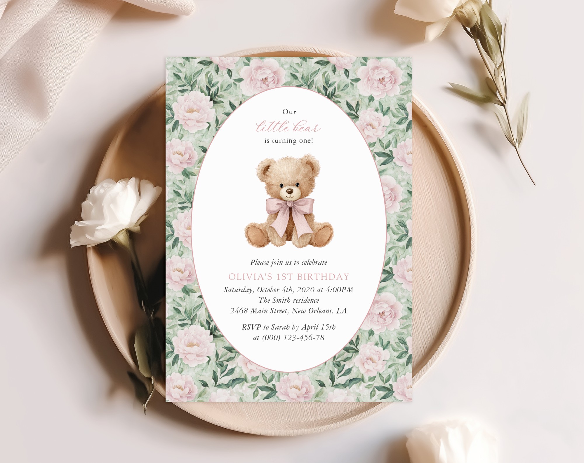 Teddy Bear and Pink Flowers First Birthday Invitation, Birthday Stationery, Girl Birthday, Printable File, Edit Yourself, SH232
