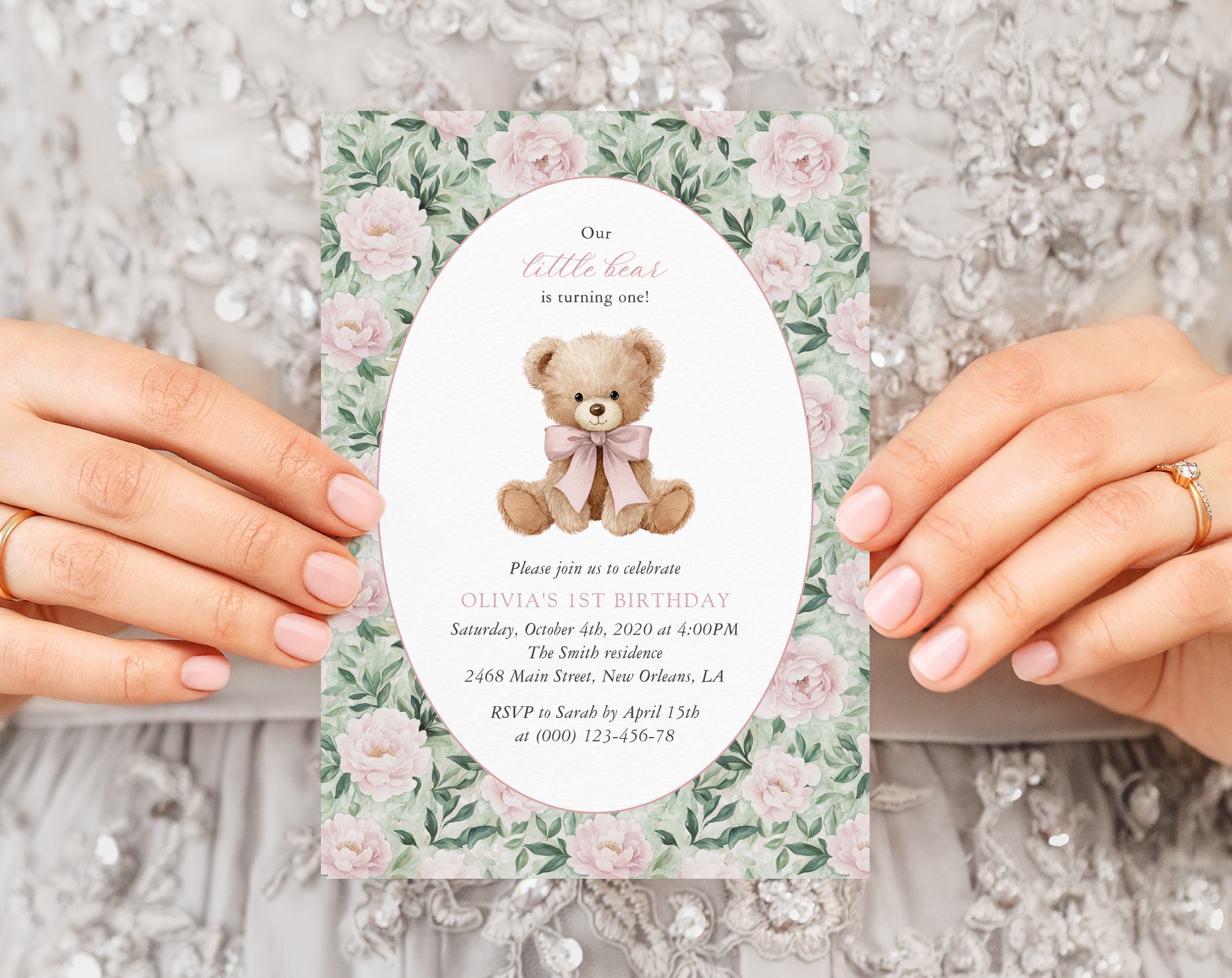 Teddy Bear and Pink Flowers First Birthday Invitation, Birthday Stationery, Girl Birthday, Printable File, Edit Yourself, SH232