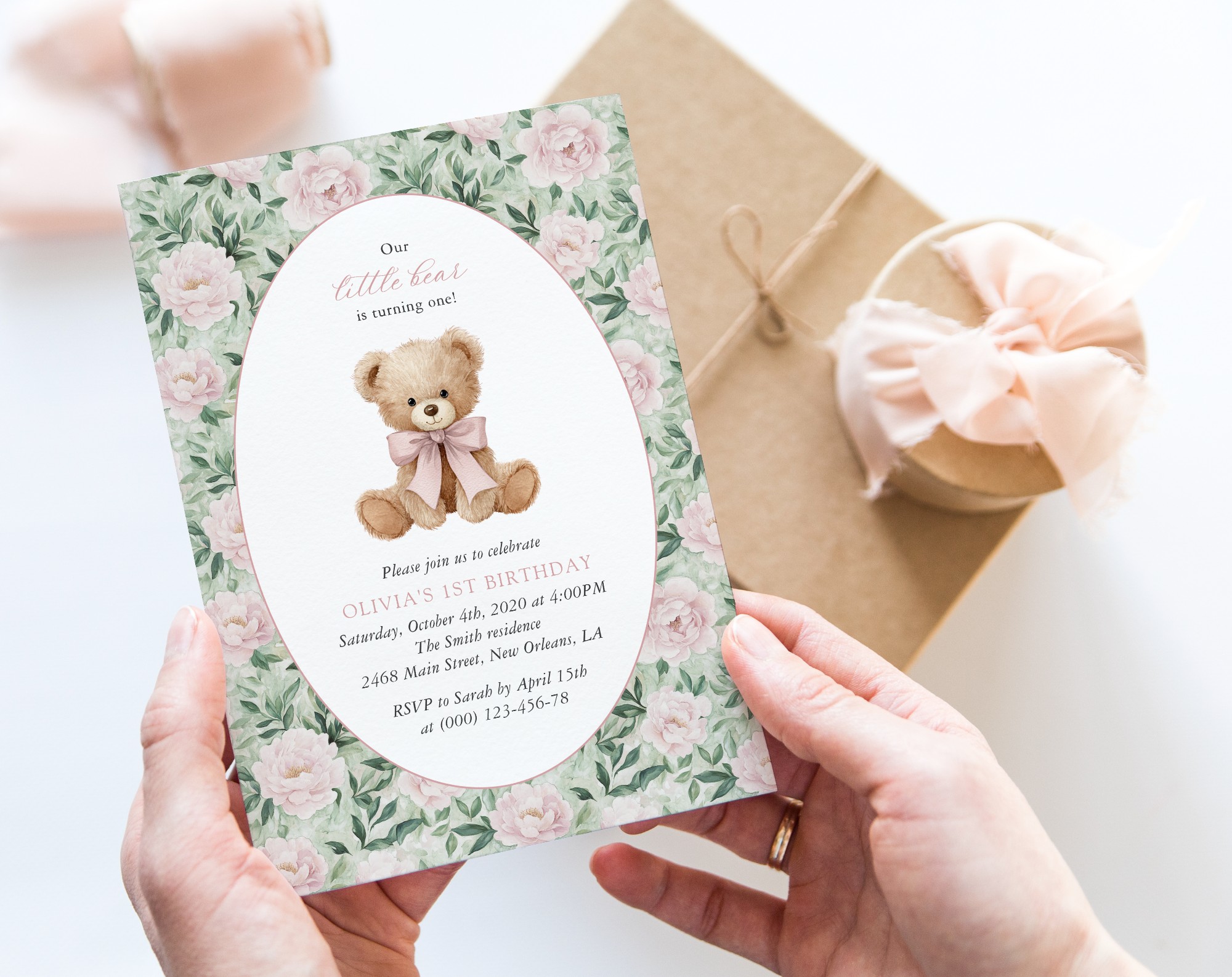 Teddy Bear and Pink Flowers First Birthday Invitation, Birthday Stationery, Girl Birthday, Printable File, Edit Yourself, SH232