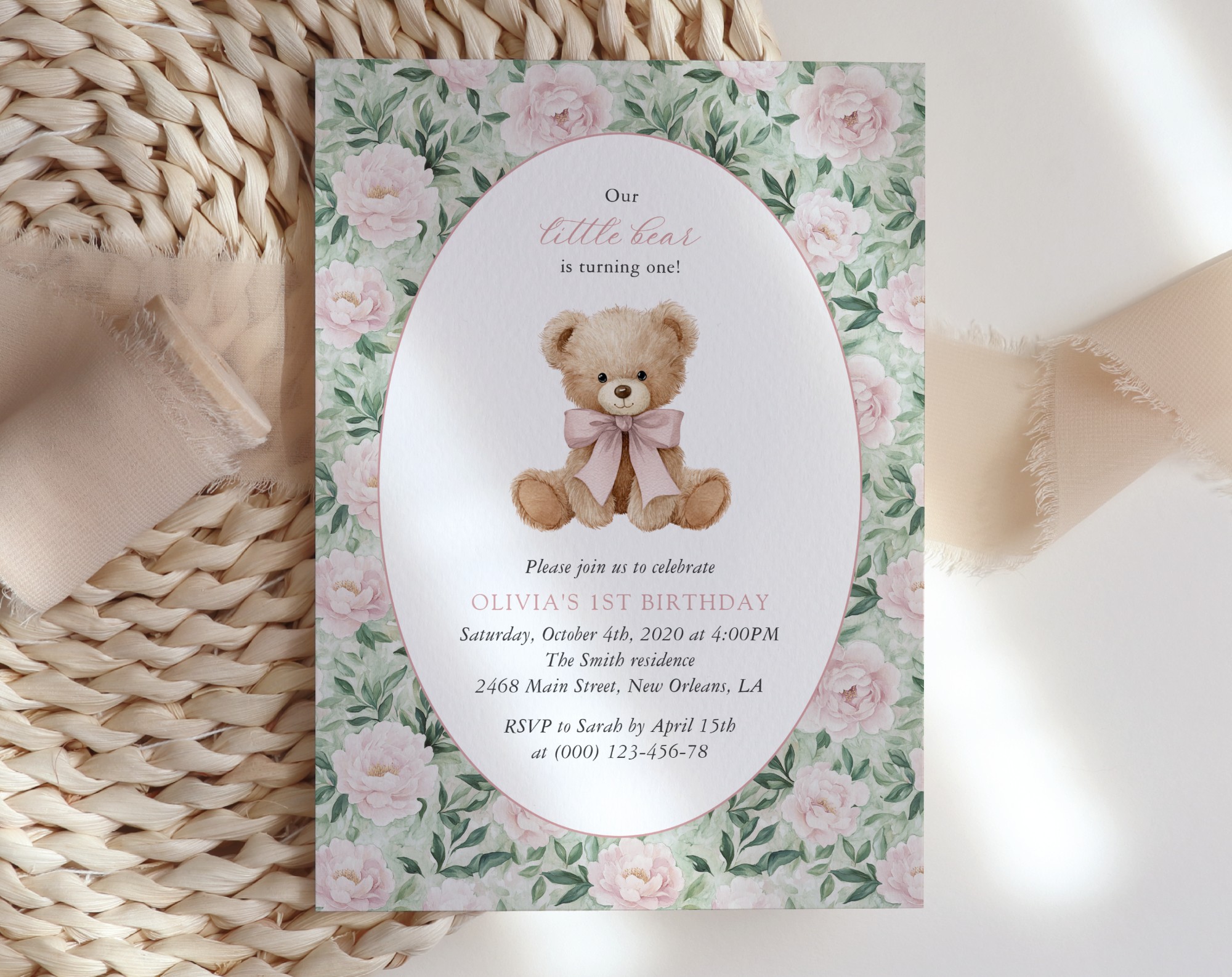 Teddy Bear and Pink Flowers First Birthday Invitation, Birthday Stationery, Girl Birthday, Printable File, Edit Yourself, SH232