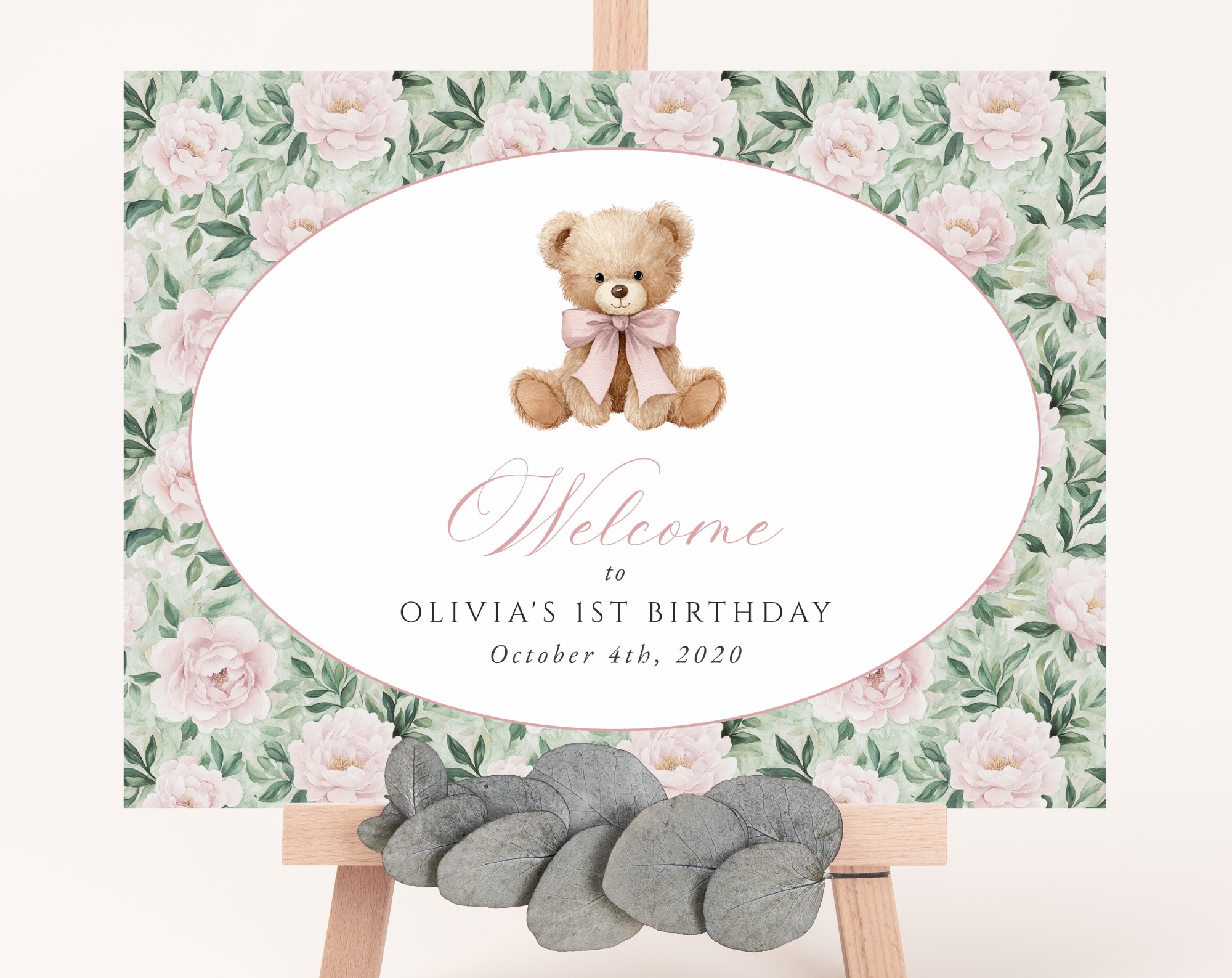 Teddy Bear and Pink Flowers Welcome Sign, First Birthday, Girl Birthday, Printable File, Edit Yourself, SH232 Teddy Bear and Pink Flowers Welcome Sign, First Birthday, Girl Birthday, Printable File, Edit Yourself, SH232