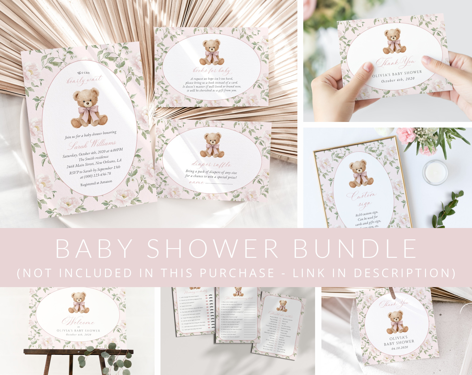 Cute Bear and Pink Flowers Baby Shower Mini Bundle, Girl Baby Shower, Printable File, Edit Yourself, SH233