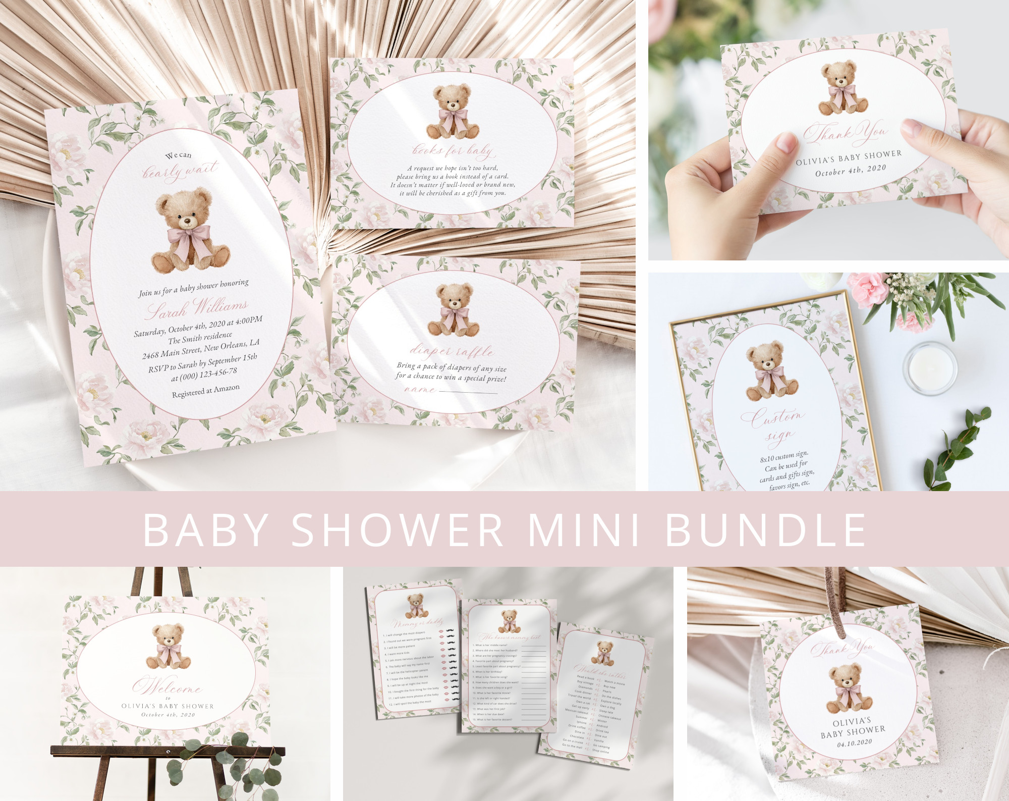 Cute Bear and Pink Flowers Baby Shower Mini Bundle, Girl Baby Shower, Printable File, Edit Yourself, SH233 Cute Bear and Pink Flowers Baby Shower Mini Bundle, Girl Baby Shower, Printable File, Edit Yourself, SH233