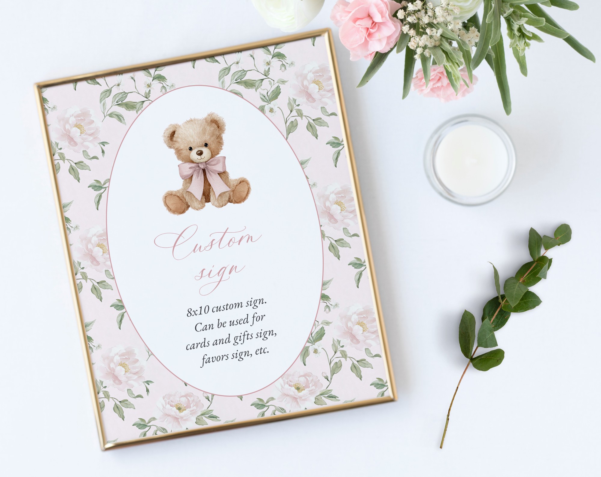 Cute Bear and Pink Flowers Custom Sign, Printable File, Edit Yourself, SH233 SH234 Cute Bear and Pink Flowers Custom Sign, Printable File, Edit Yourself, SH233 SH234