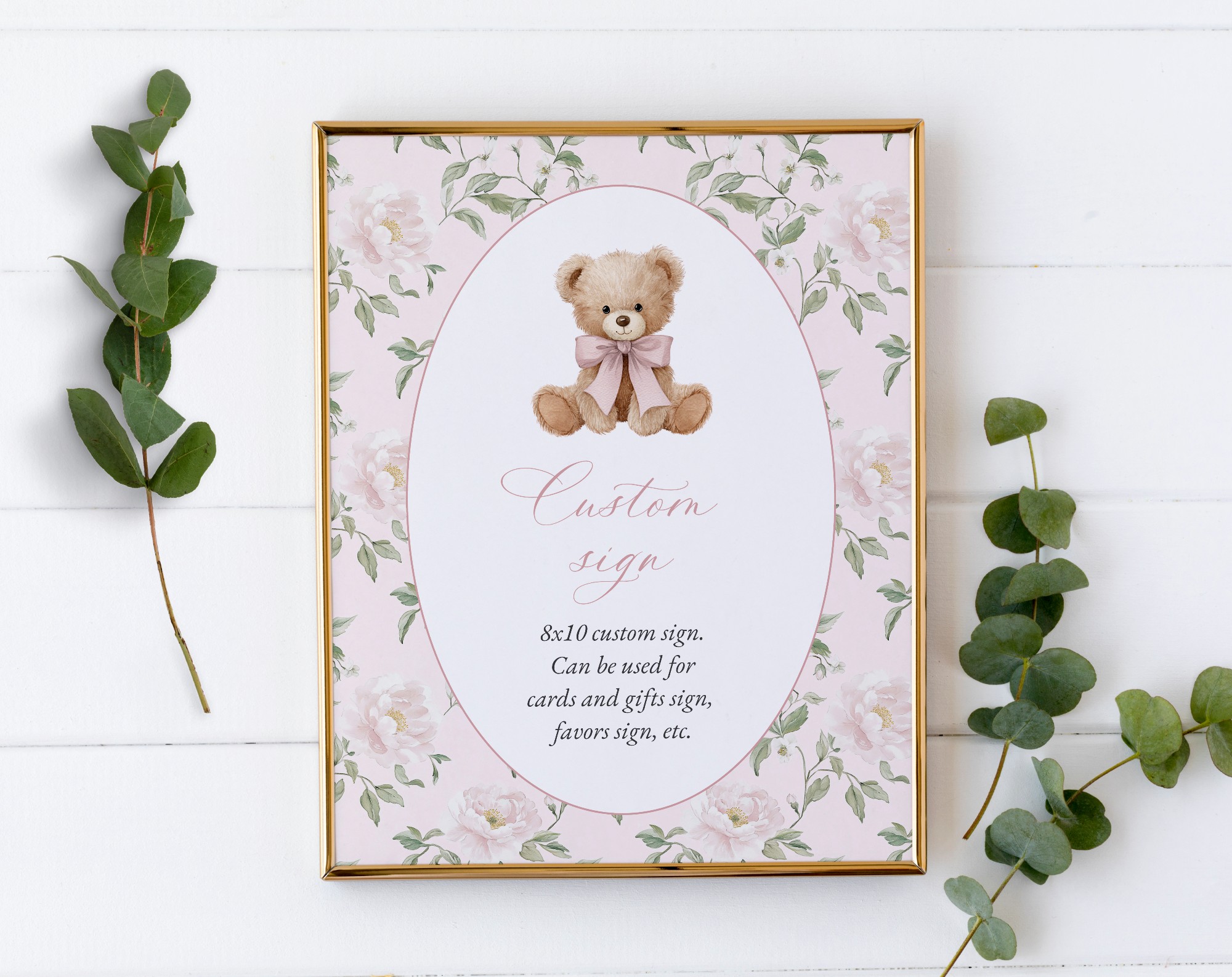 Cute Bear and Pink Flowers Custom Sign, Printable File, Edit Yourself, SH233 SH234