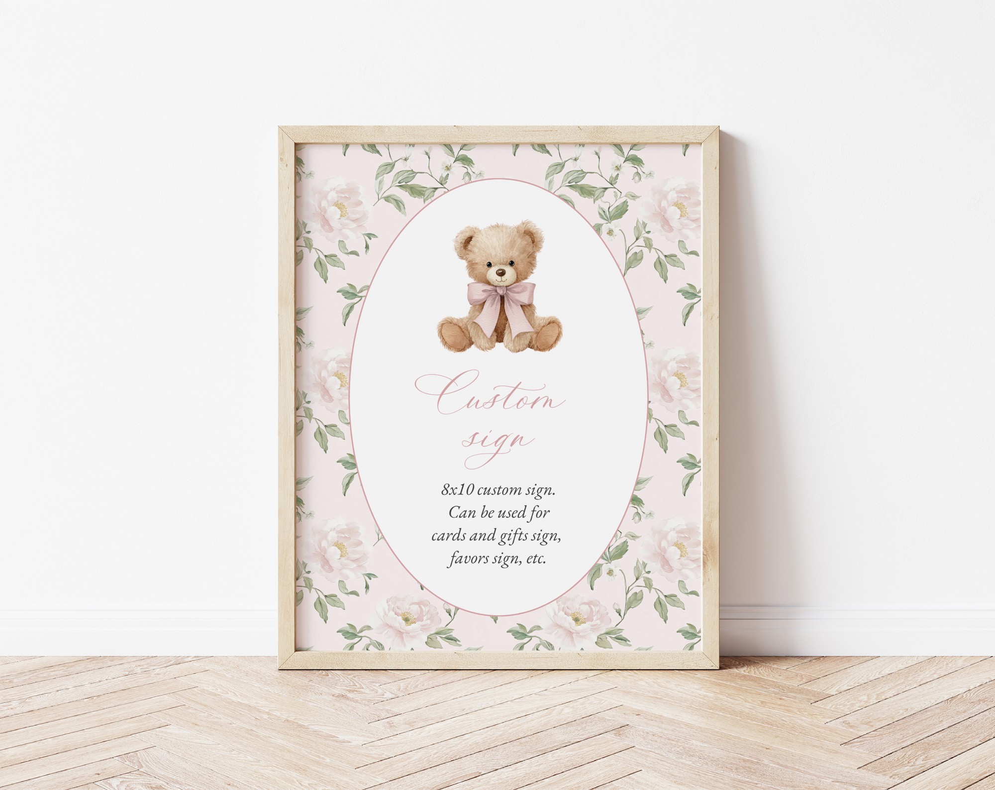 Cute Bear and Pink Flowers Custom Sign, Printable File, Edit Yourself, SH233 SH234