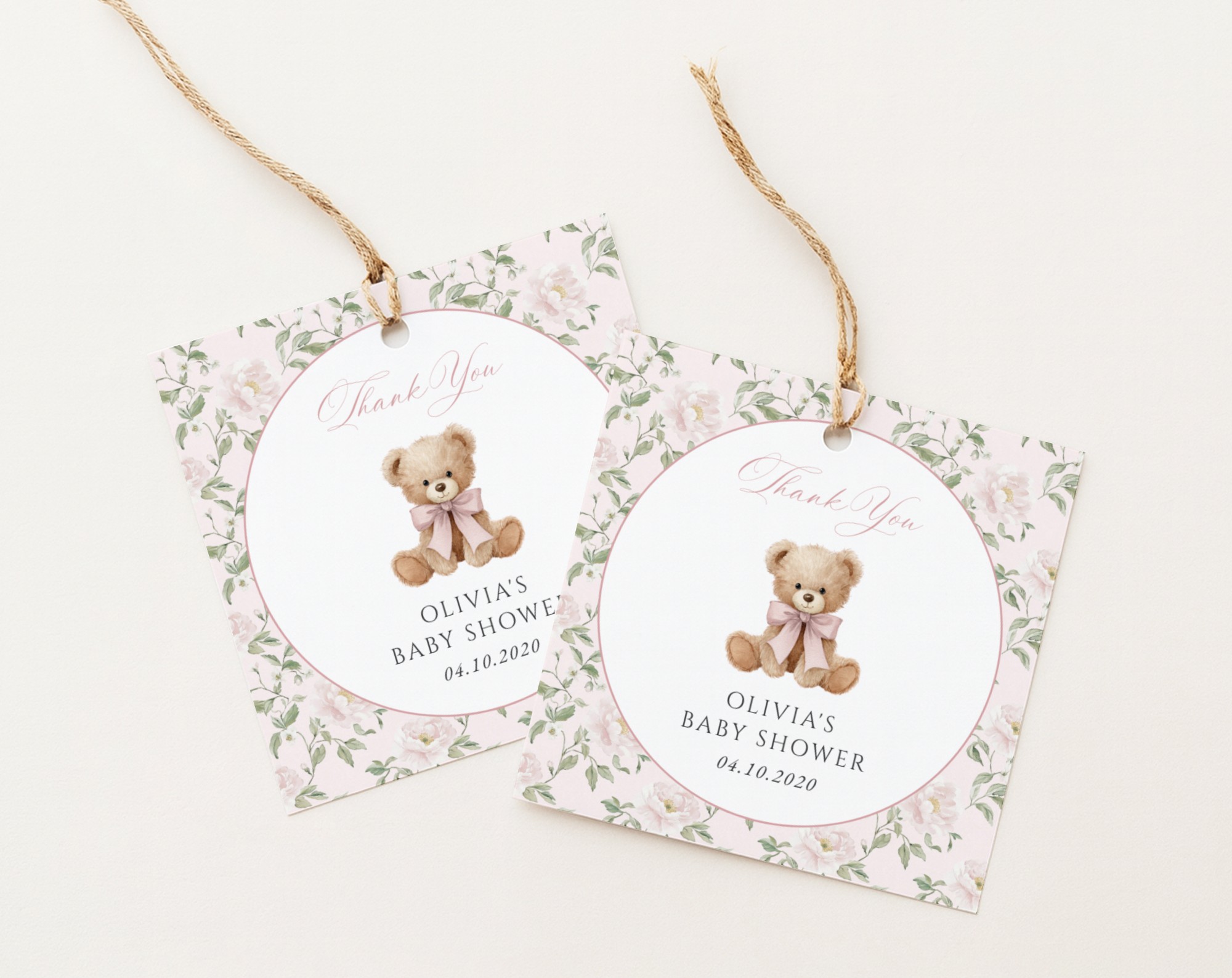Cute Bear and Pink Flowers Favor Tags, Gift Tags, Girl Baby Shower, Printable File, Edit Yourself, SH233