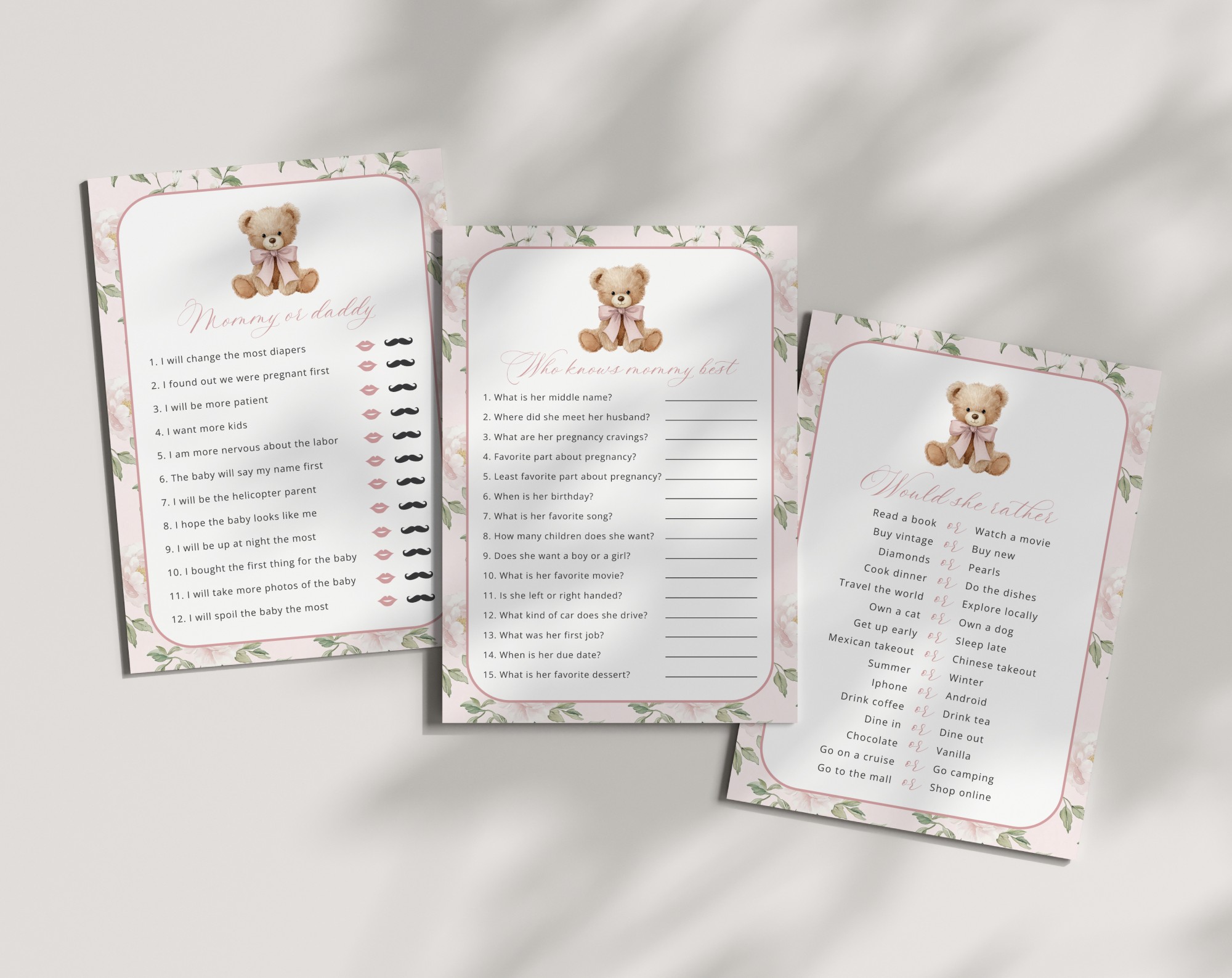 Cute Bear and Pink Flowers Baby Shower Games, Set of 3 Games, Girl Baby Shower, Printable File, Edit Yourself, SH233 Cute Bear and Pink Flowers Baby Shower Games, Set of 3 Games, Girl Baby Shower, Printable File, Edit Yourself, SH233