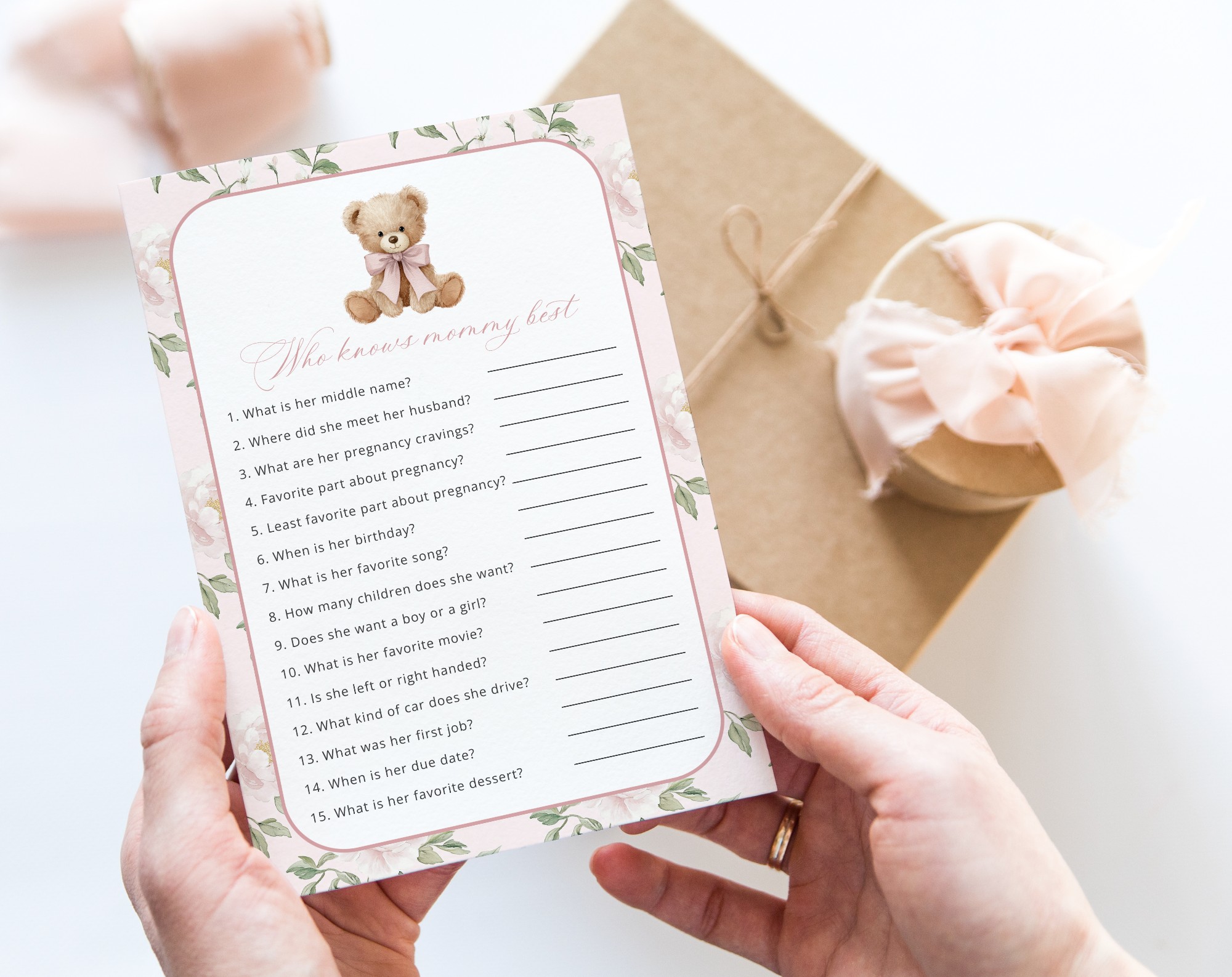 Cute Bear and Pink Flowers Baby Shower Games, Set of 3 Games, Girl Baby Shower, Printable File, Edit Yourself, SH233