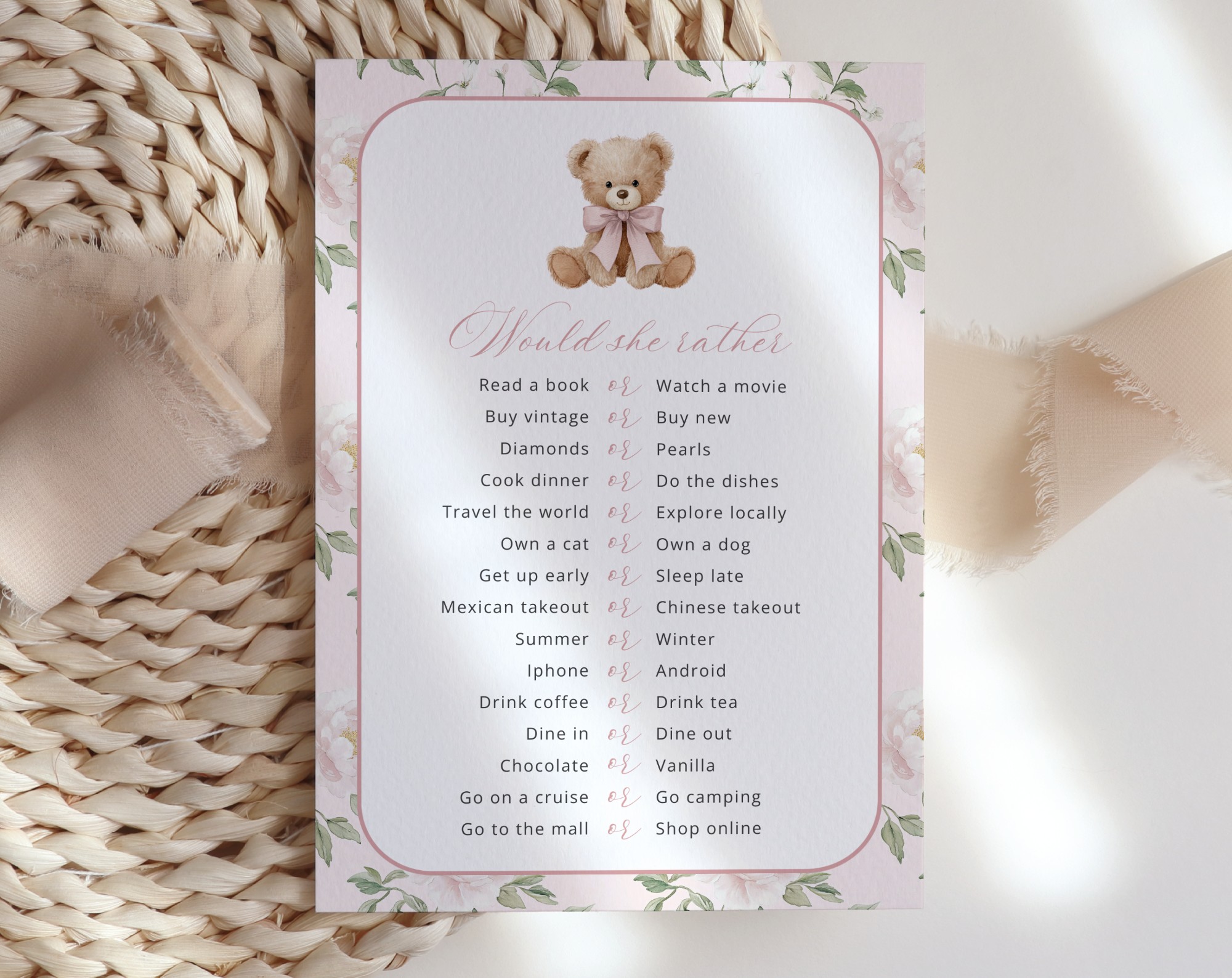 Cute Bear and Pink Flowers Baby Shower Games, Set of 3 Games, Girl Baby Shower, Printable File, Edit Yourself, SH233
