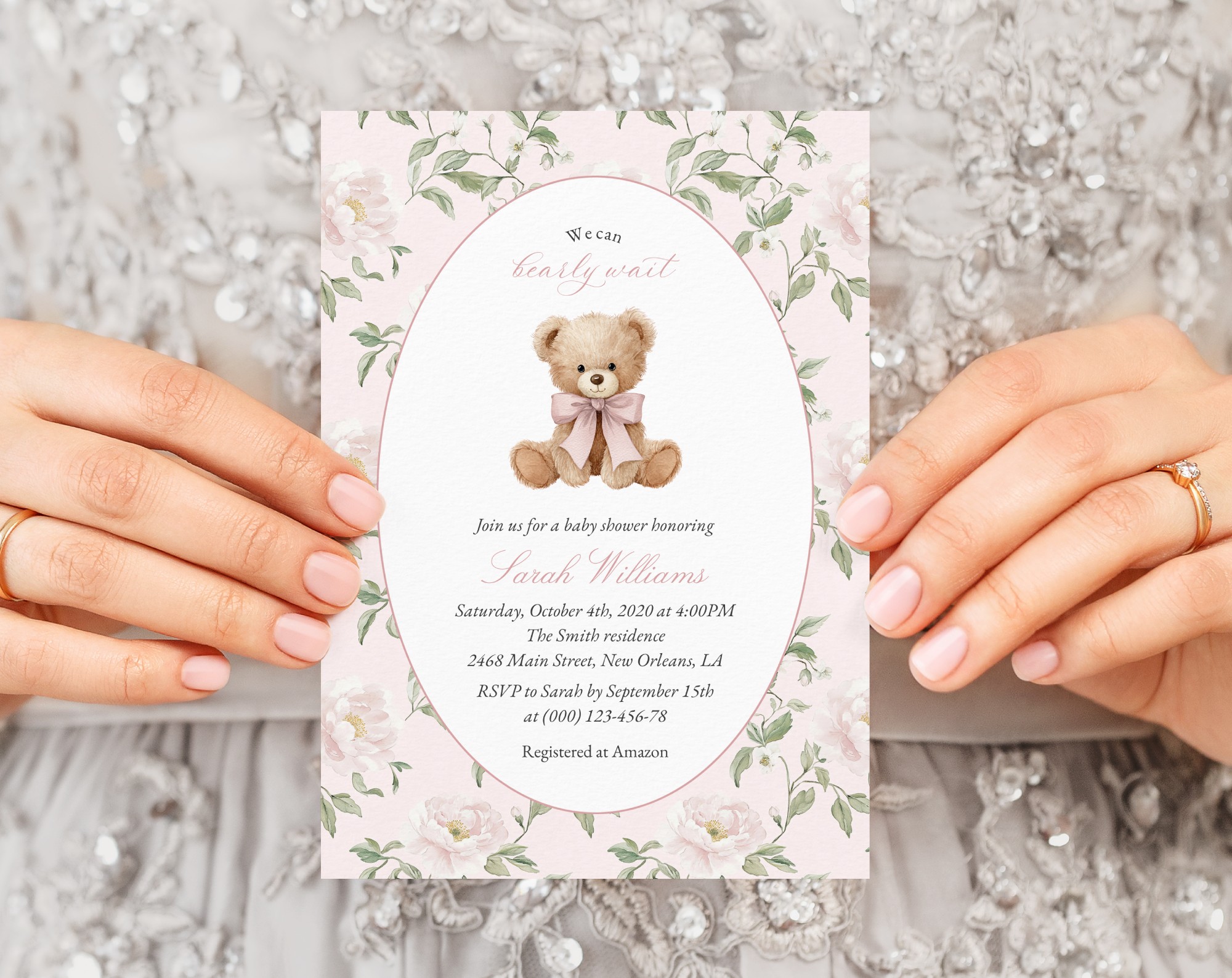Cute Bear and Pink Flowers Baby Shower Invitation, Girl Baby Shower, Printable File, Edit Yourself, SH233