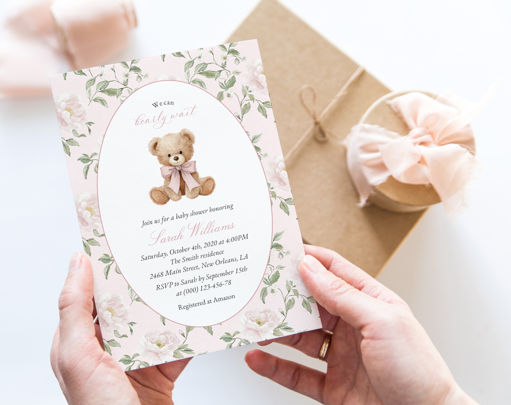 Cute Bear and Pink Flowers Baby Shower Invitation, Girl Baby Shower, Printable File, Edit Yourself, SH233 Cute Bear and Pink Flowers Baby Shower Invitation, Girl Baby Shower, Printable File, Edit Yourself, SH233