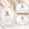 Cute Bear and Pink Flowers Baby Shower Invitation Suite, Girl Baby Shower, Printable File, Edit Yourself, SH233