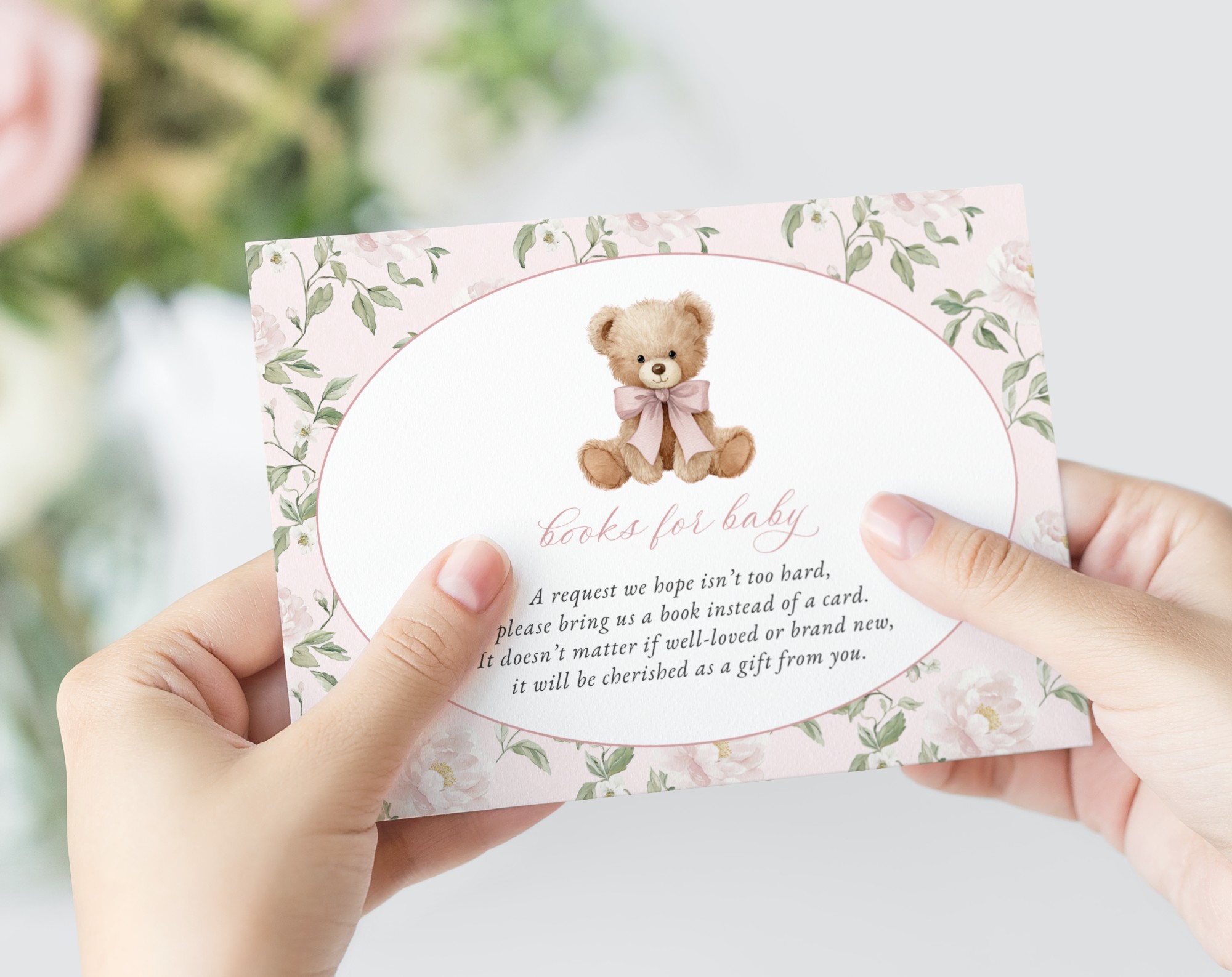 Cute Bear and Pink Flowers Baby Shower Invitation Suite, Girl Baby Shower, Printable File, Edit Yourself, SH233